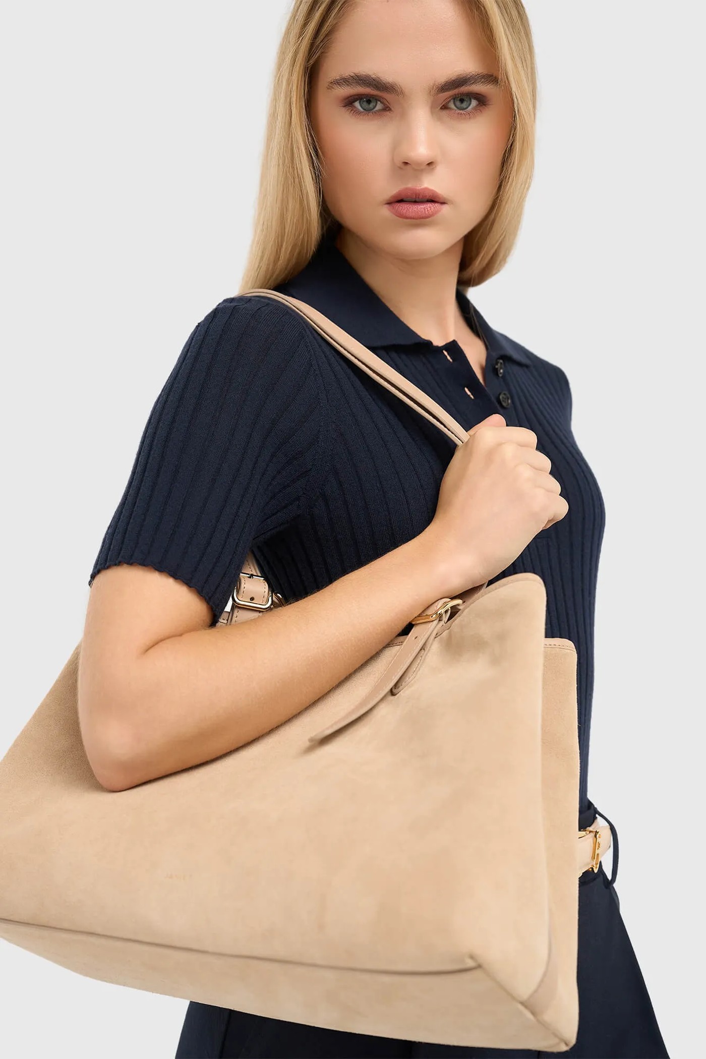 Suede Leren Dames Handtas Shopper Harper Beige