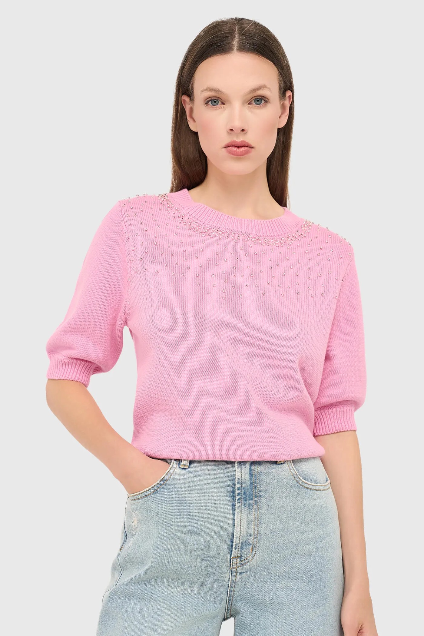 Roze Katoenen Dames Truitje Met Steentjes Barret