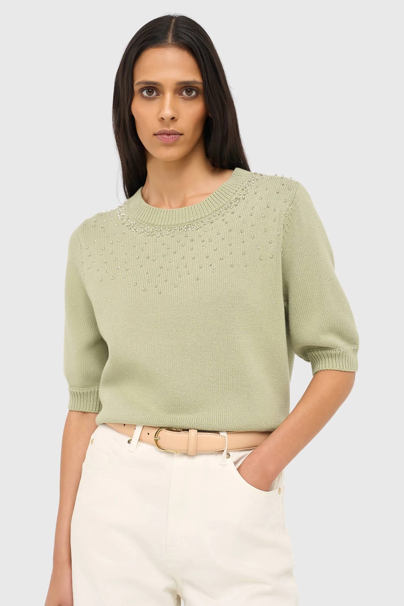 Groen Katoenen Dames Truitje Met Steentjes Barret