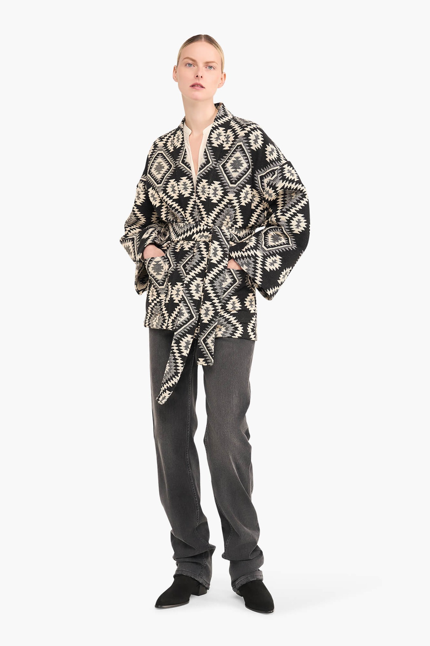 Kimono Dames Jacquard Preston Aztec Zwart