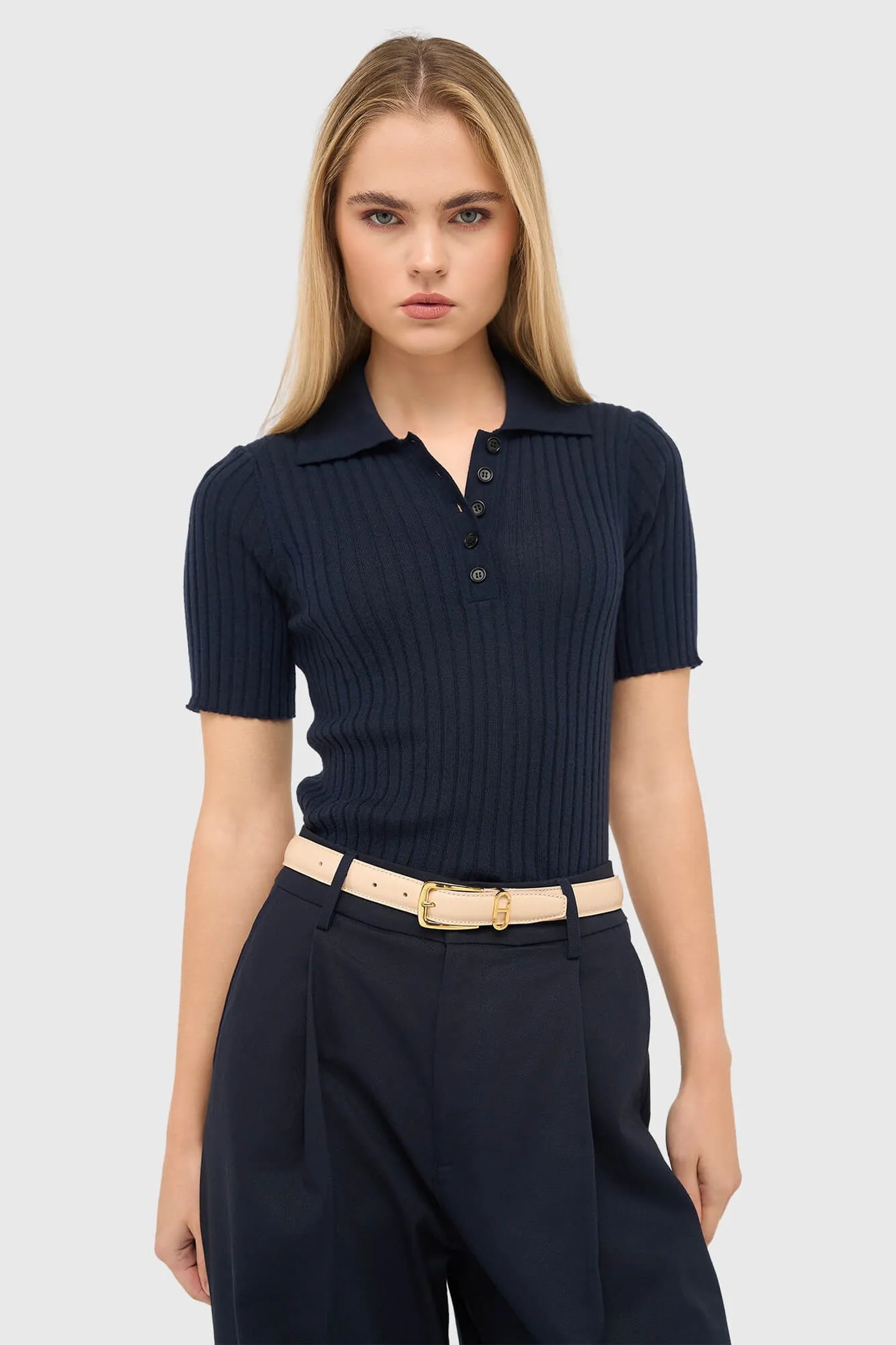 Polo Truitje Gebreid Merino Wol Kian Navy Blauw