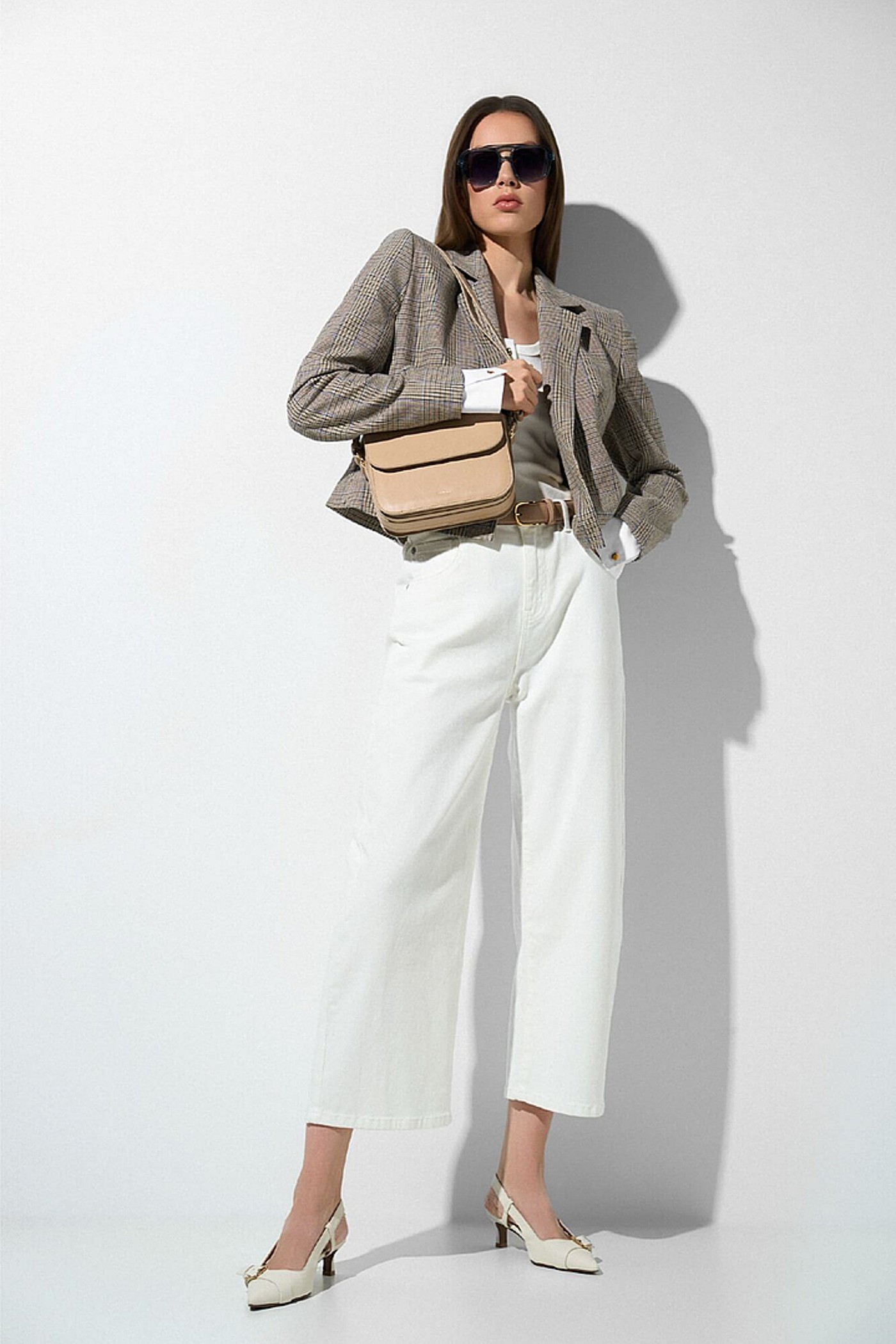 Blazer Dames Kort Ruit Stan Beige