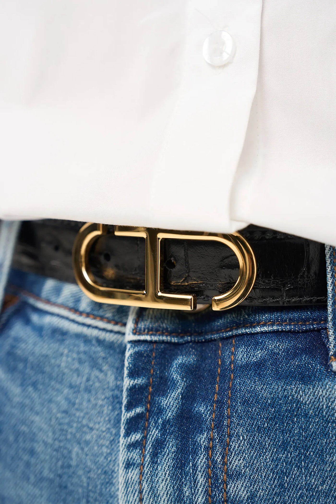 Leren Dames Riem Reversible Zwart Croco Goud Trophy Buckle