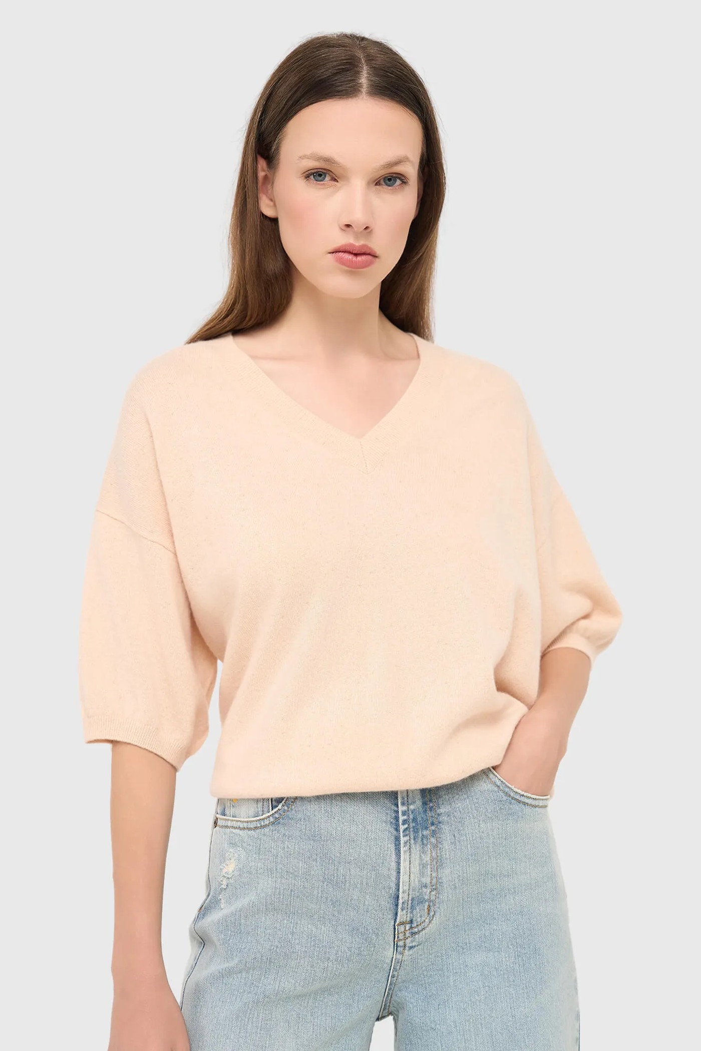 Cashmere Dames Trui V Hals Romeo Peach Lurex