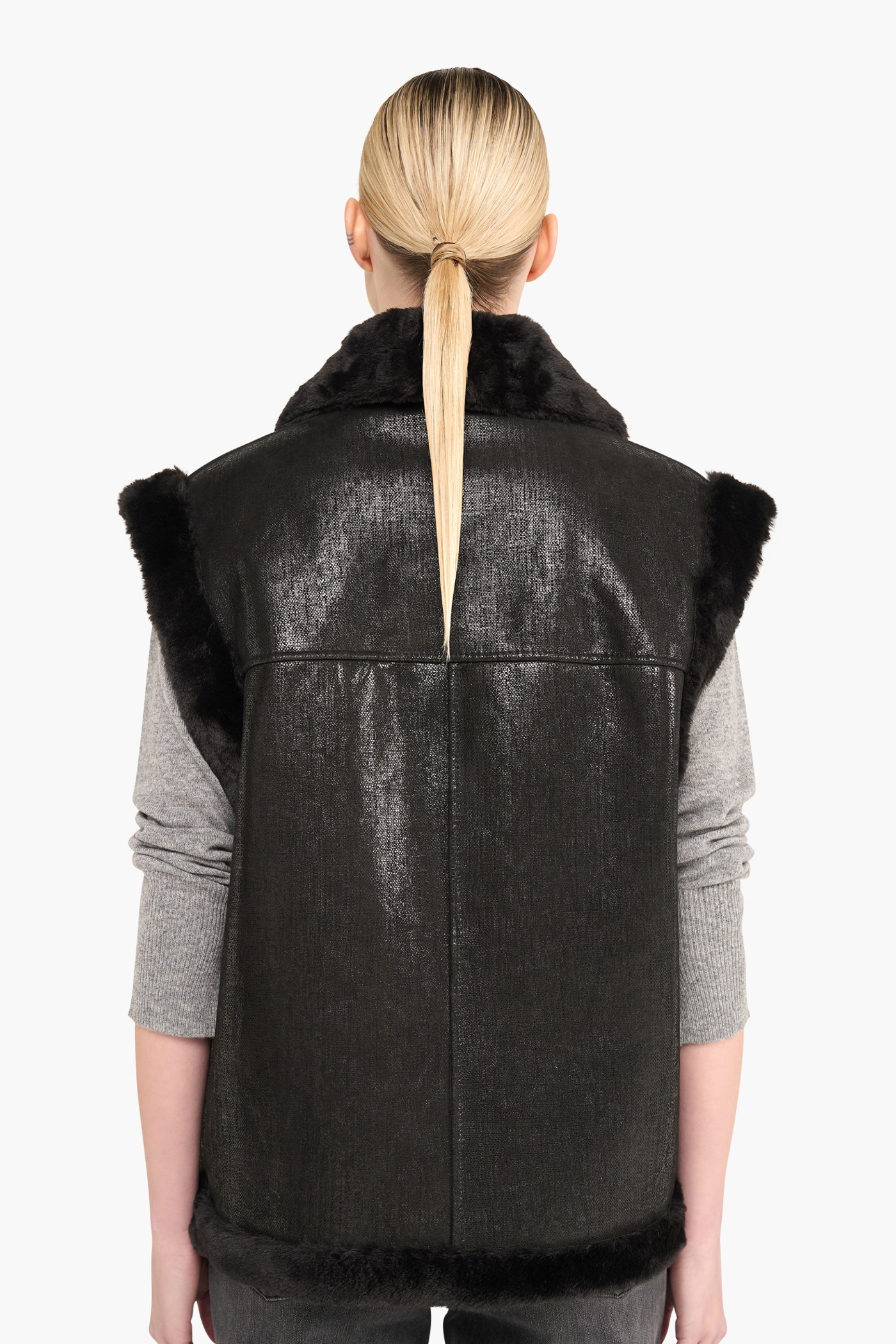 Leren Dames Vest Justin Zwart Metallic Bont