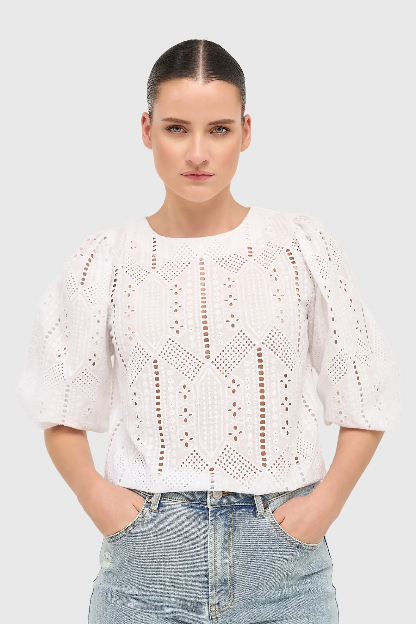 Dames Top Pof Mouw Elian Wit Kant