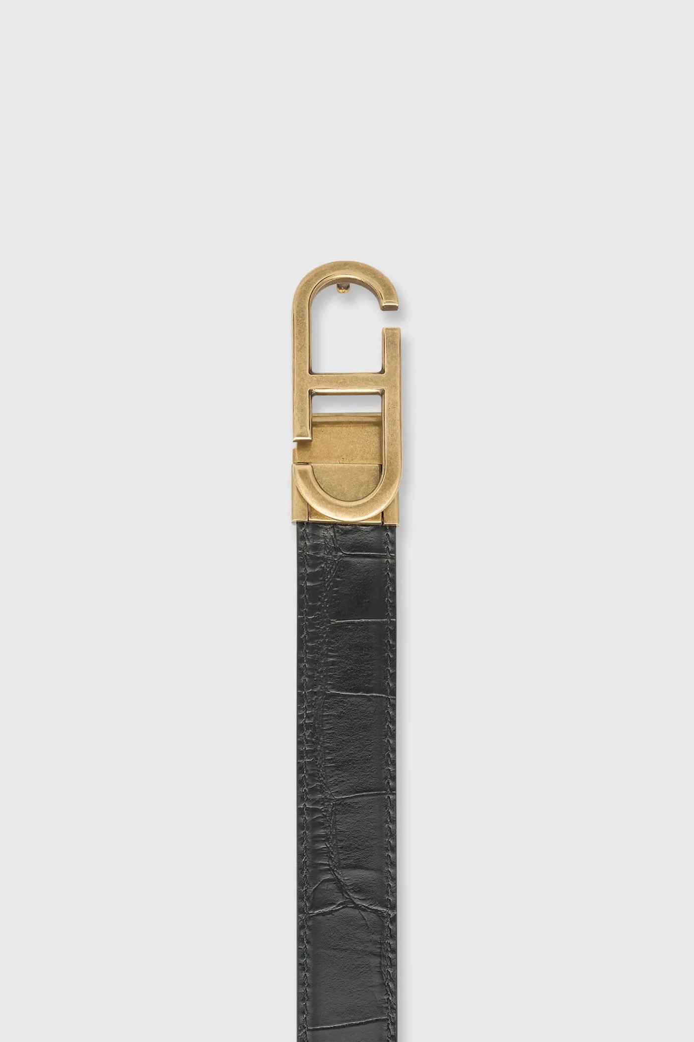 Leren Dames Riem Reversible Zwart Croco Brass Trophy Buckle