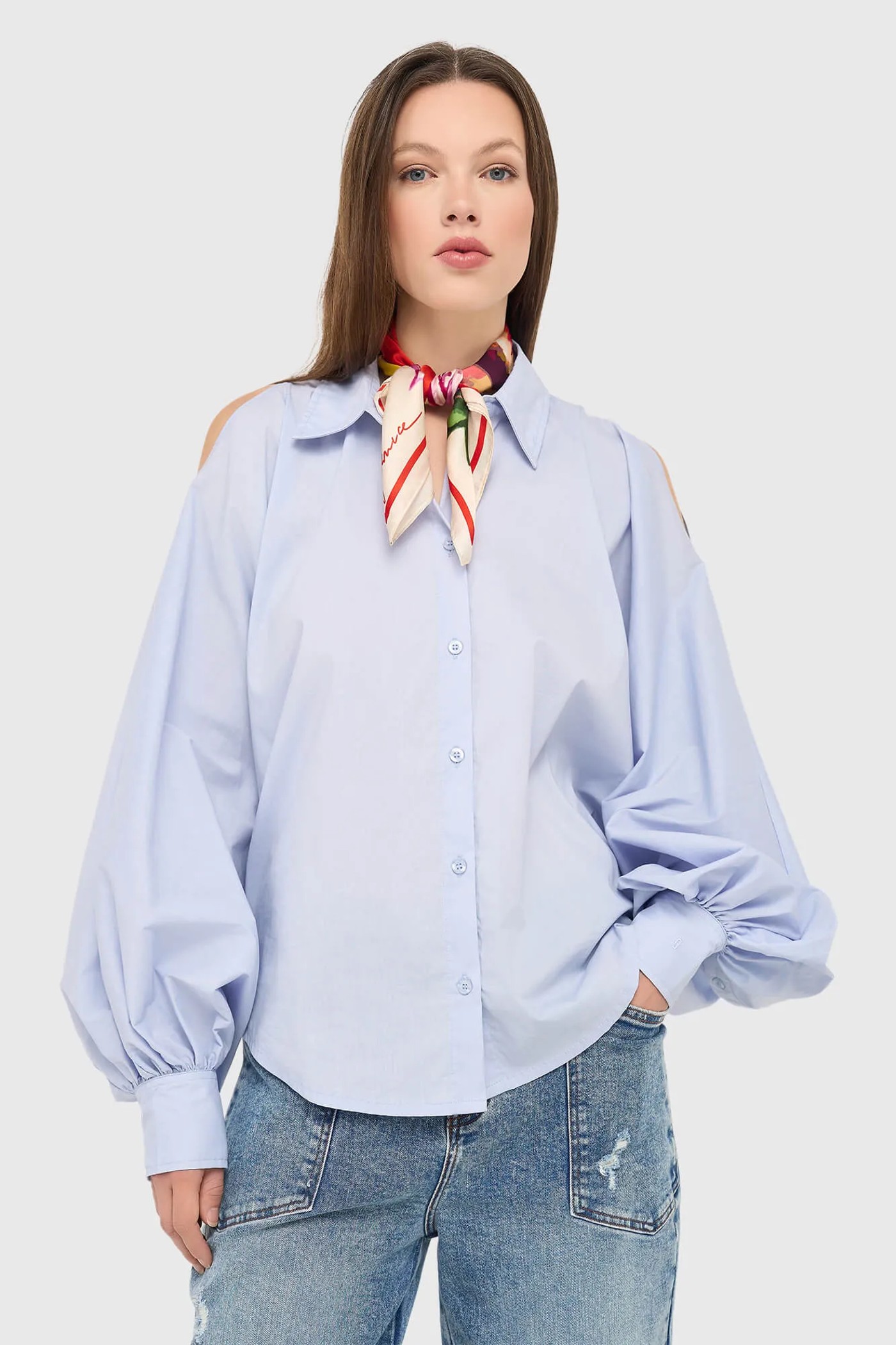 Blouse Dames Katoen Blauw Stone Pofmouw Cut Out