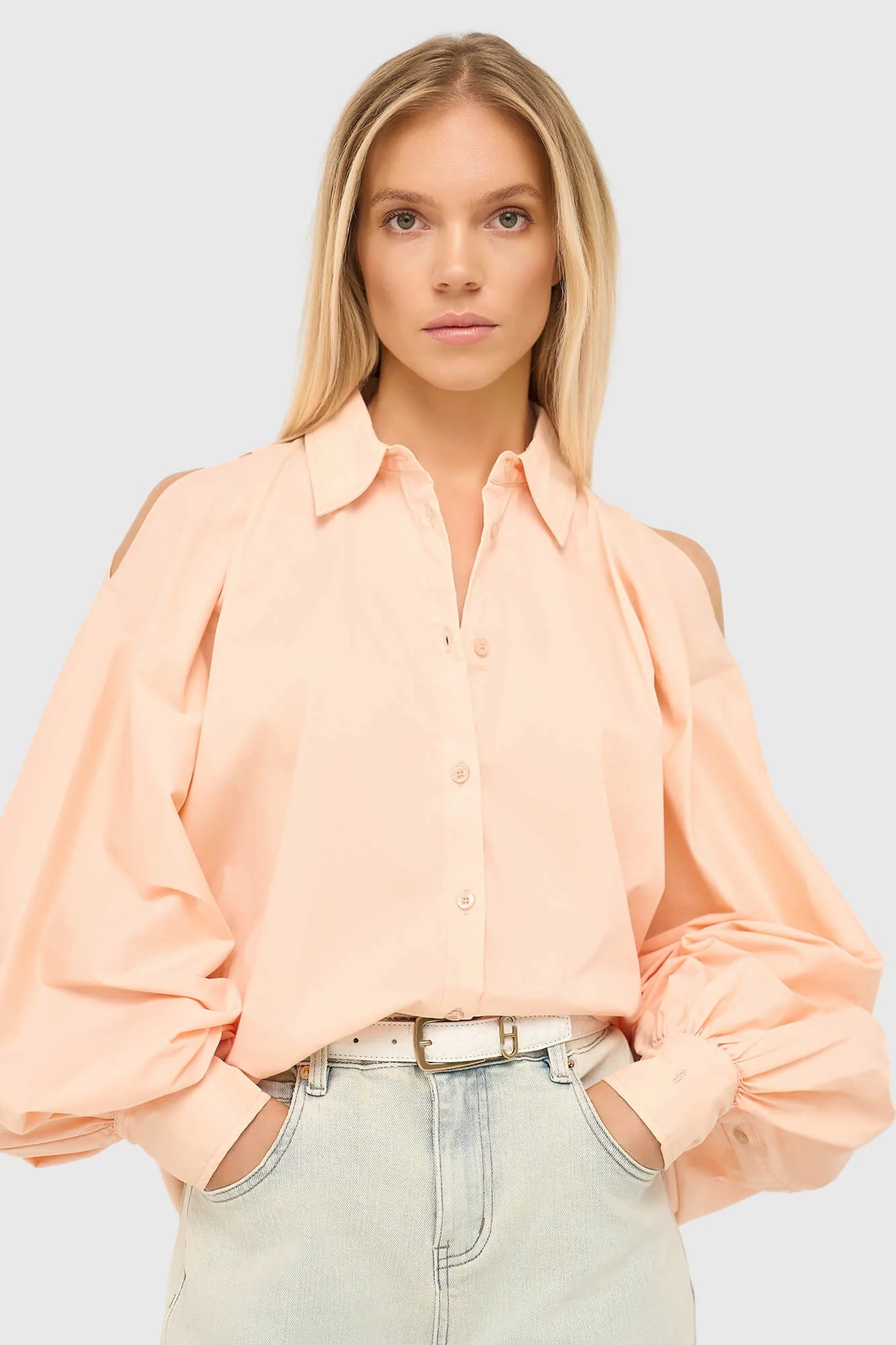 Blouse Dames Katoen Peach Tone Pofmouw Cut Out