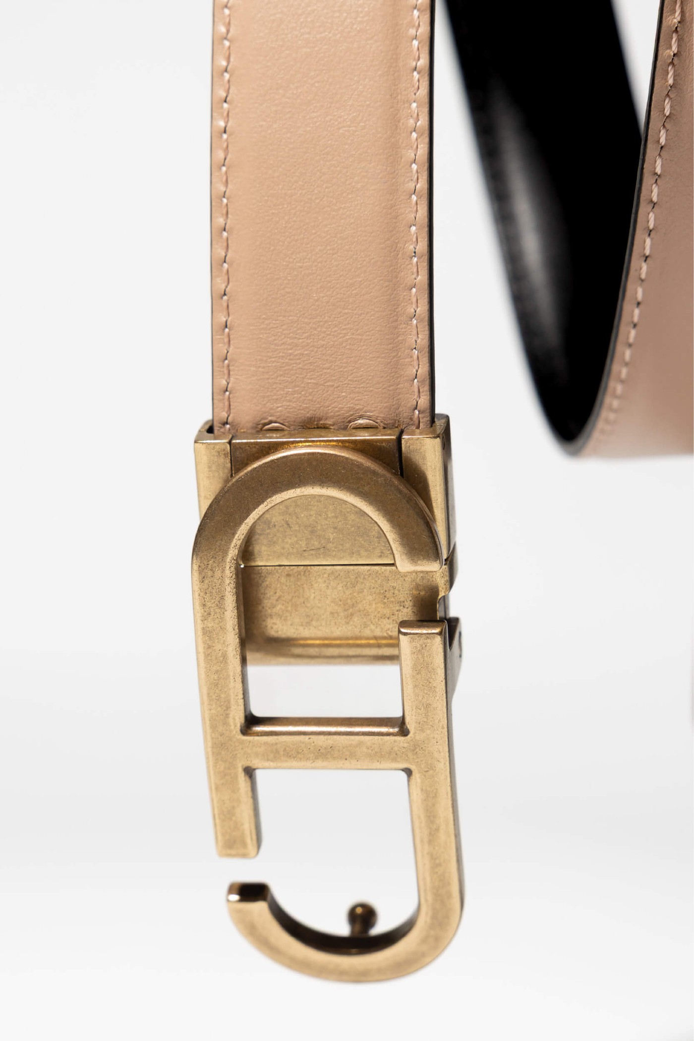 Leren Dames Riem Reversible Zwart Taupe Brass Trophy Buckle