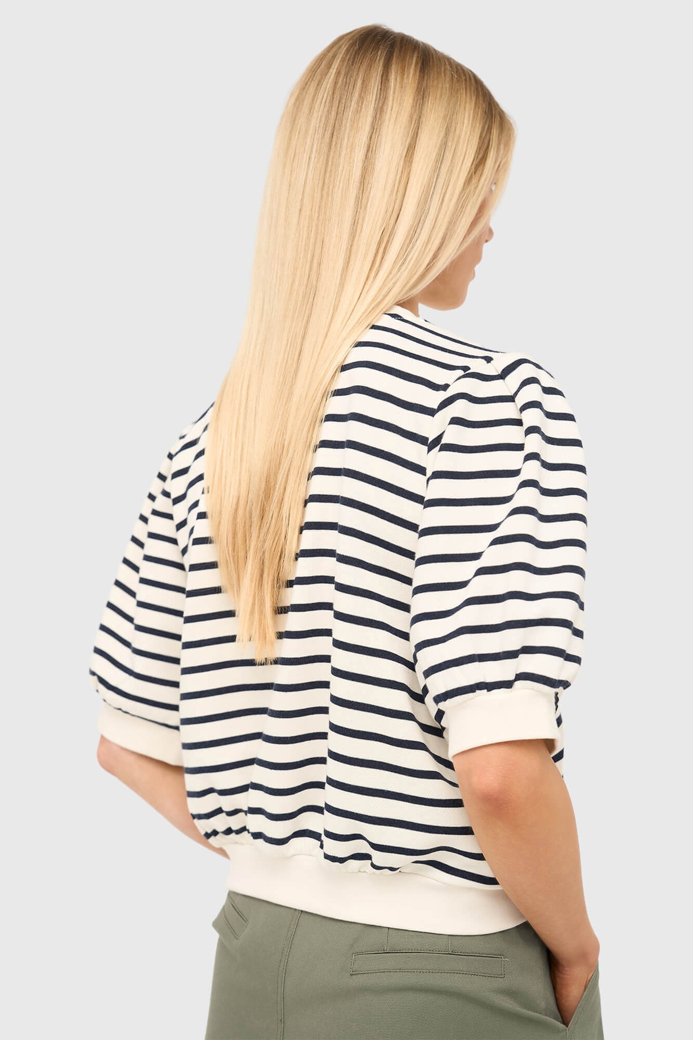 Gestreepte Blauw Wit Dames Sweater Pof Mouw Katoen Corey