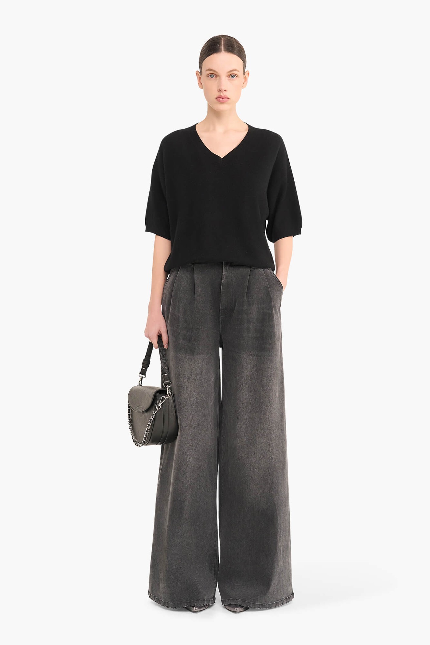 CASHMERE TRUI DAMES KORTE MOUW ROMEO ZWART