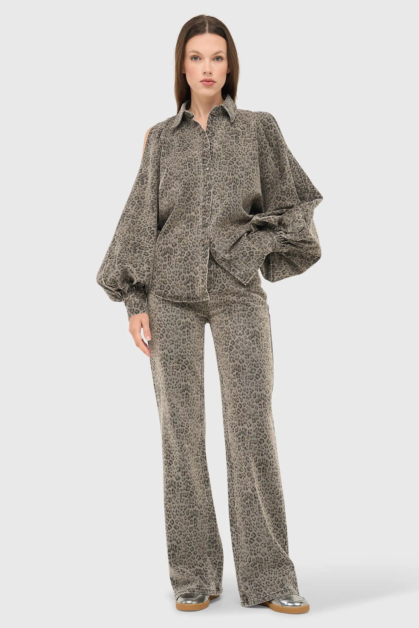 Panterprint Denim Blouse Dames Wijde Mouw Stone