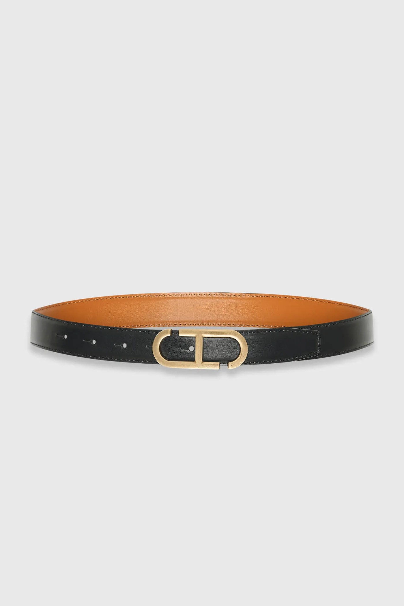Leren Dames Riem Reversible Zwart Camel Brass Trophy Buckle