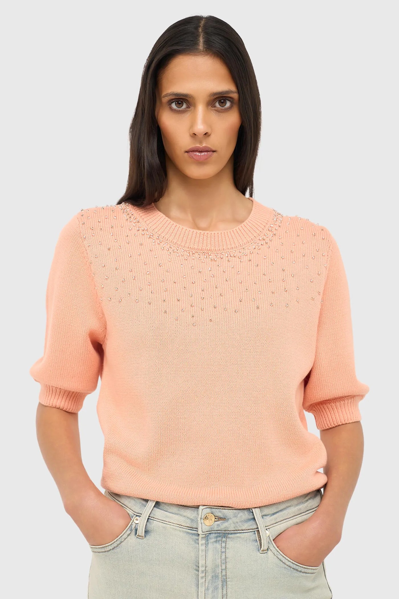 Peach Katoenen Dames Truitje Met Steentjes Barret