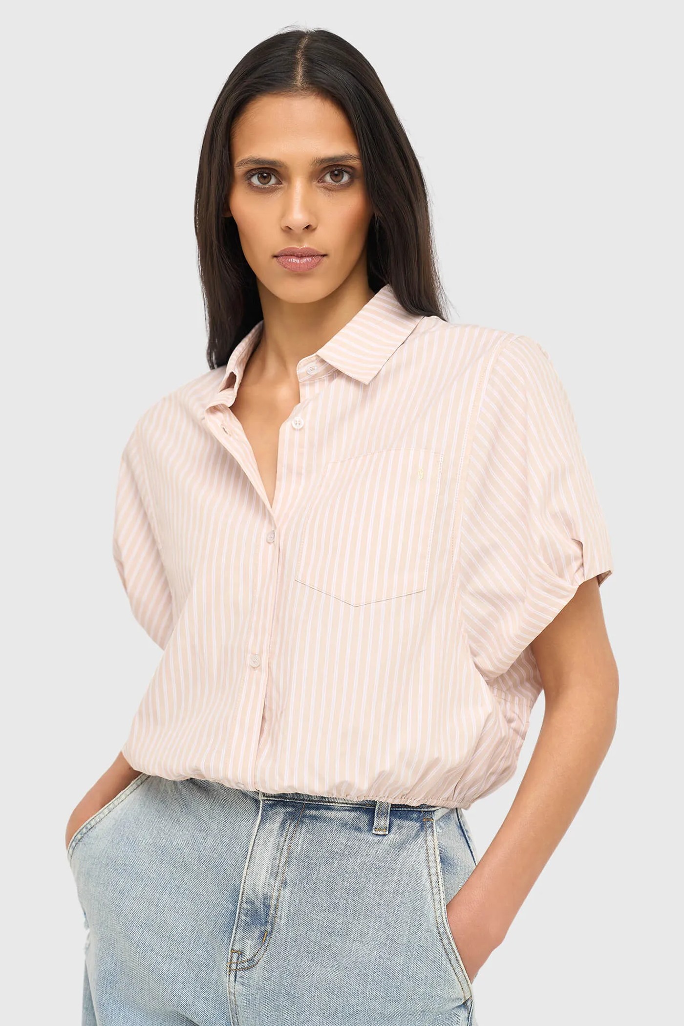 Katoenen Dames Blouse Korte Mouw Gestreept Cross Beige