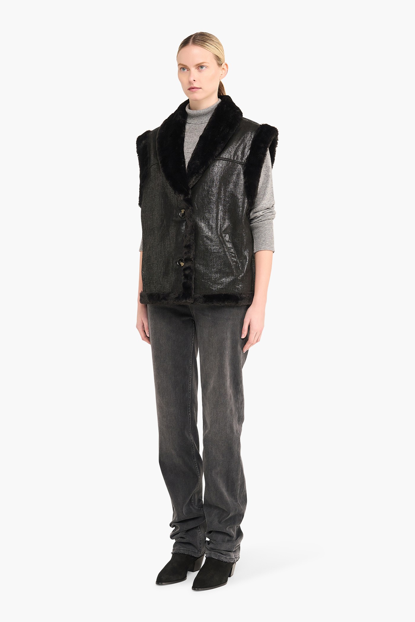 Leren Dames Vest Justin Zwart Metallic Bont