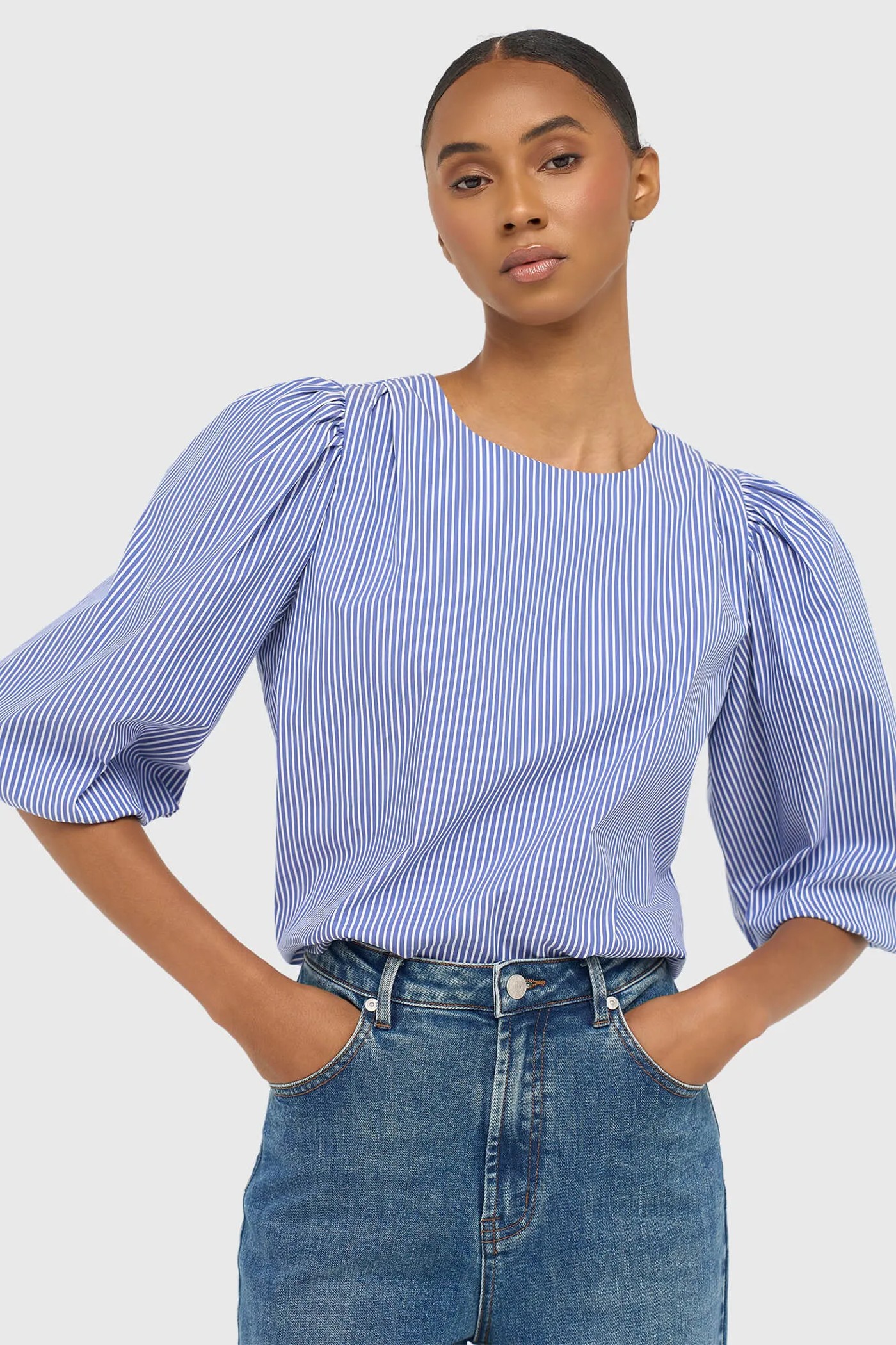 Dames Top Pof Mouw Streepjes Elian Blauw