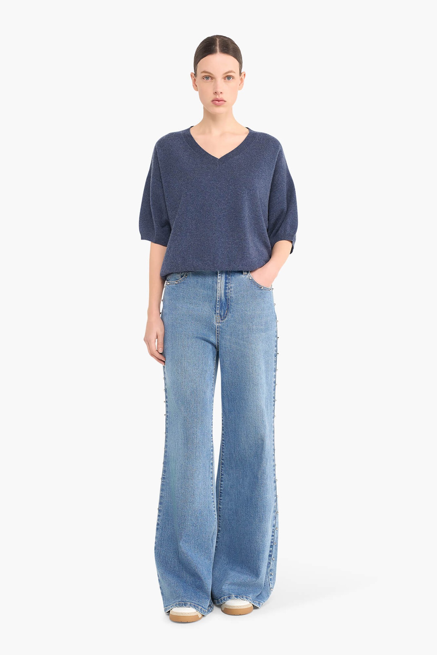 CASHMERE TRUI DAMES KORTE MOUW ROMEO BLAUW