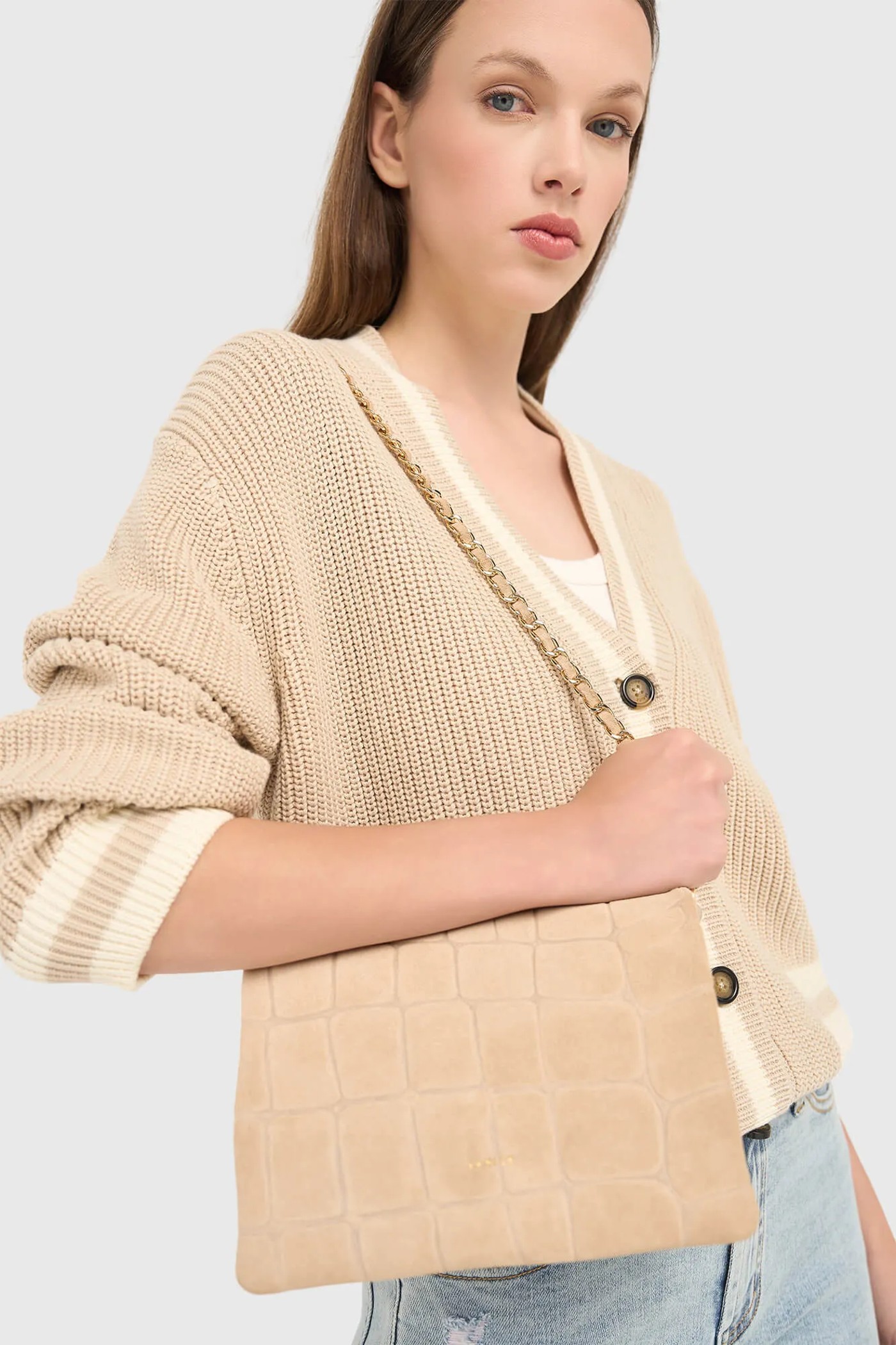 Leren Suede Schoudertas Tas Beige Croco Skylar