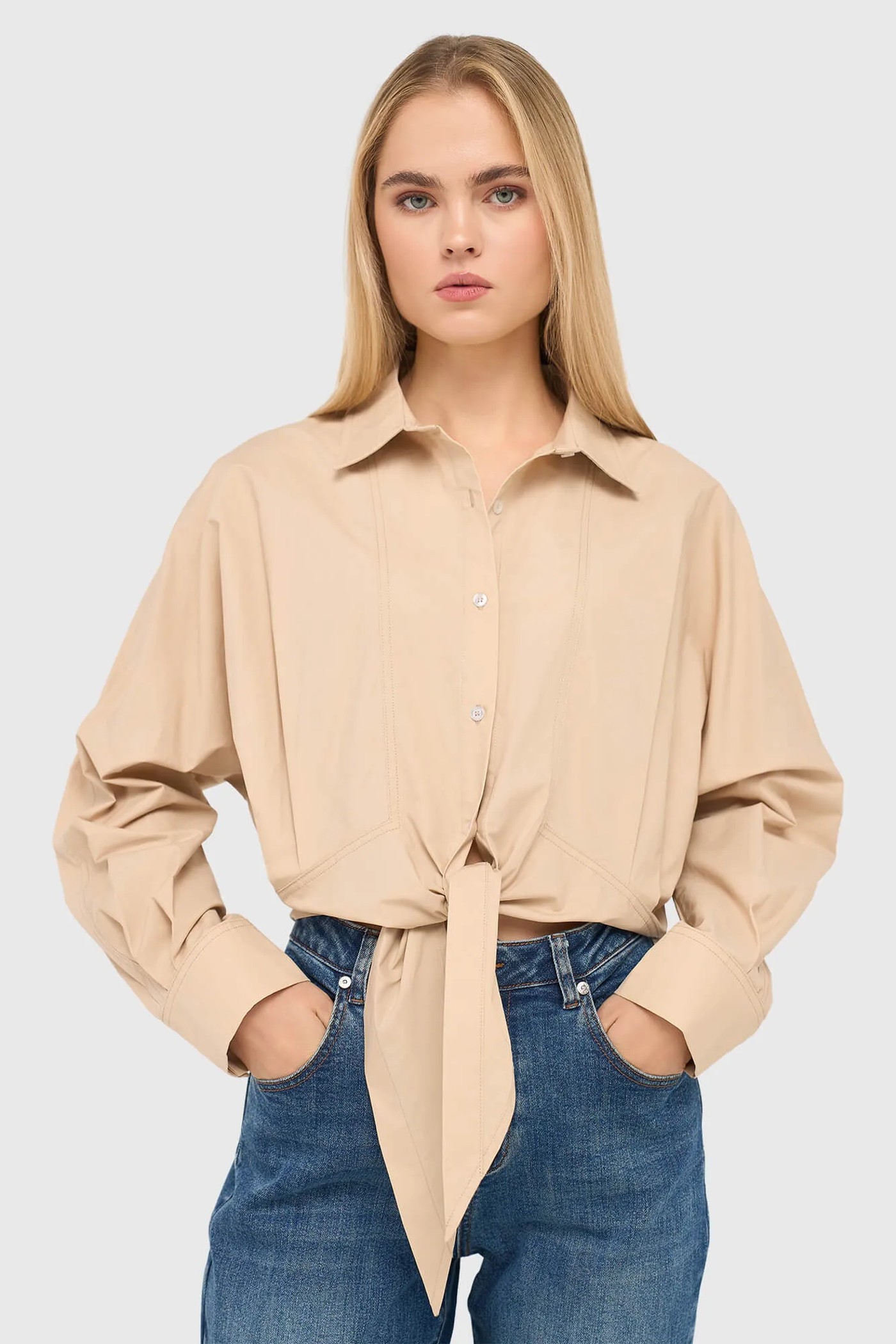Beige Katoenen Strik Blouse Dames David