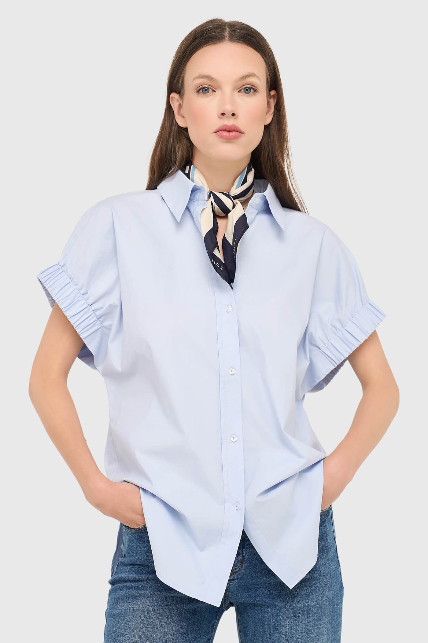 Blauwe Katoenen Dames Blouse Korte Mouw Yaro