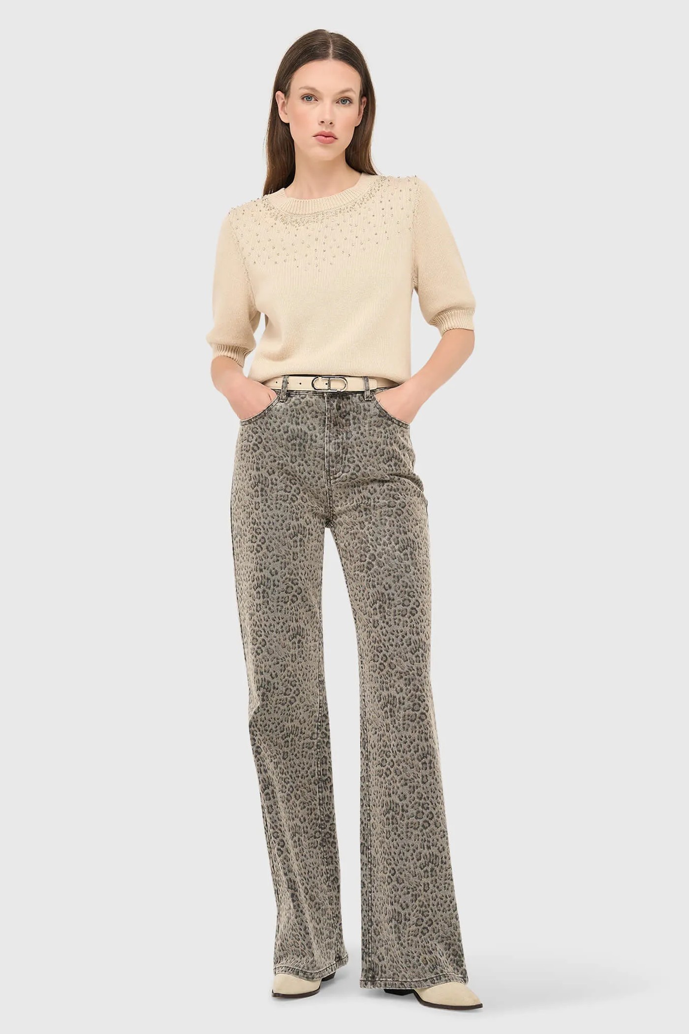 Beige Katoenen Dames Truitje Met Steentjes Barret