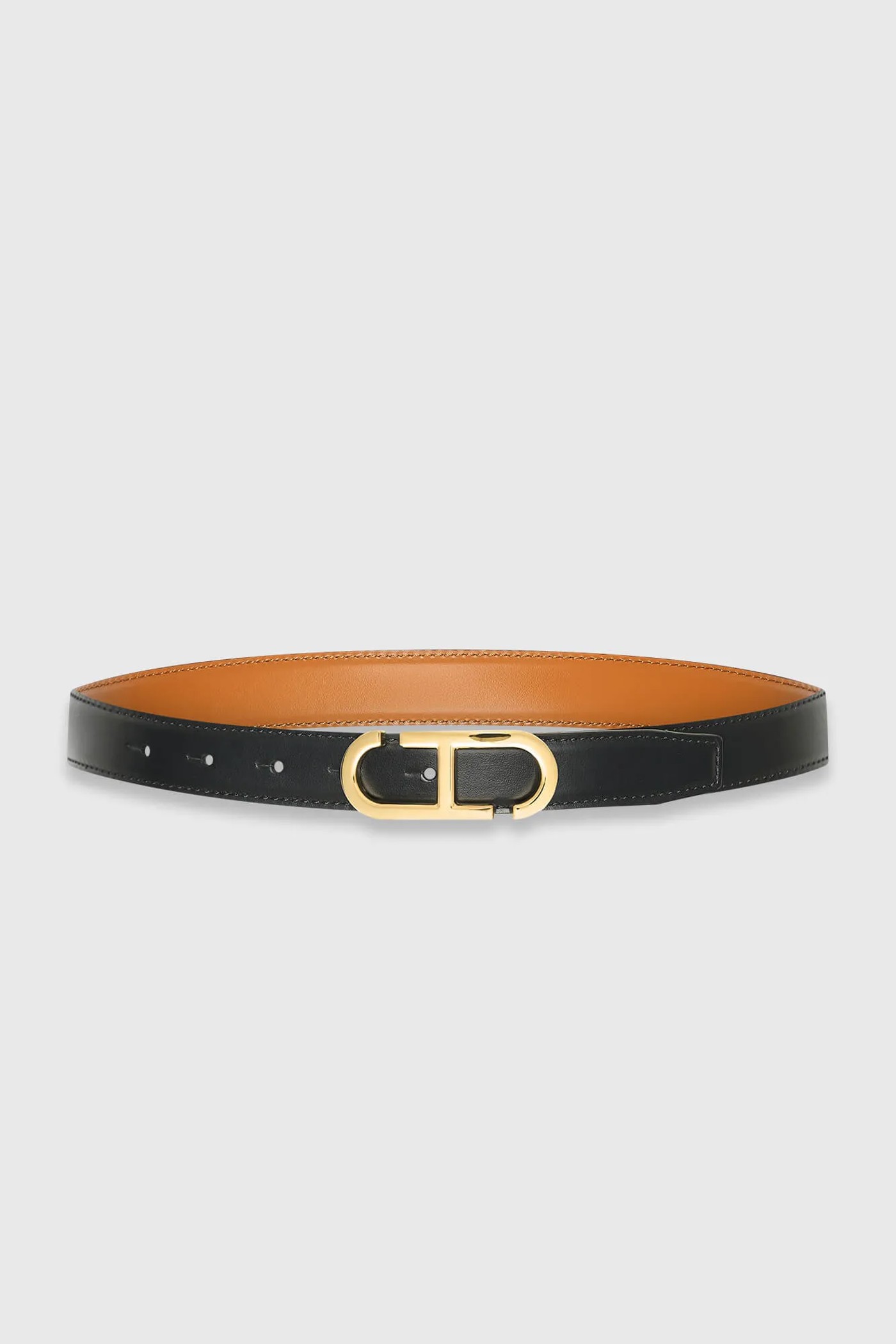 Leren Dames Riem Reversible Zwart Camel Goud Trophy Buckle
