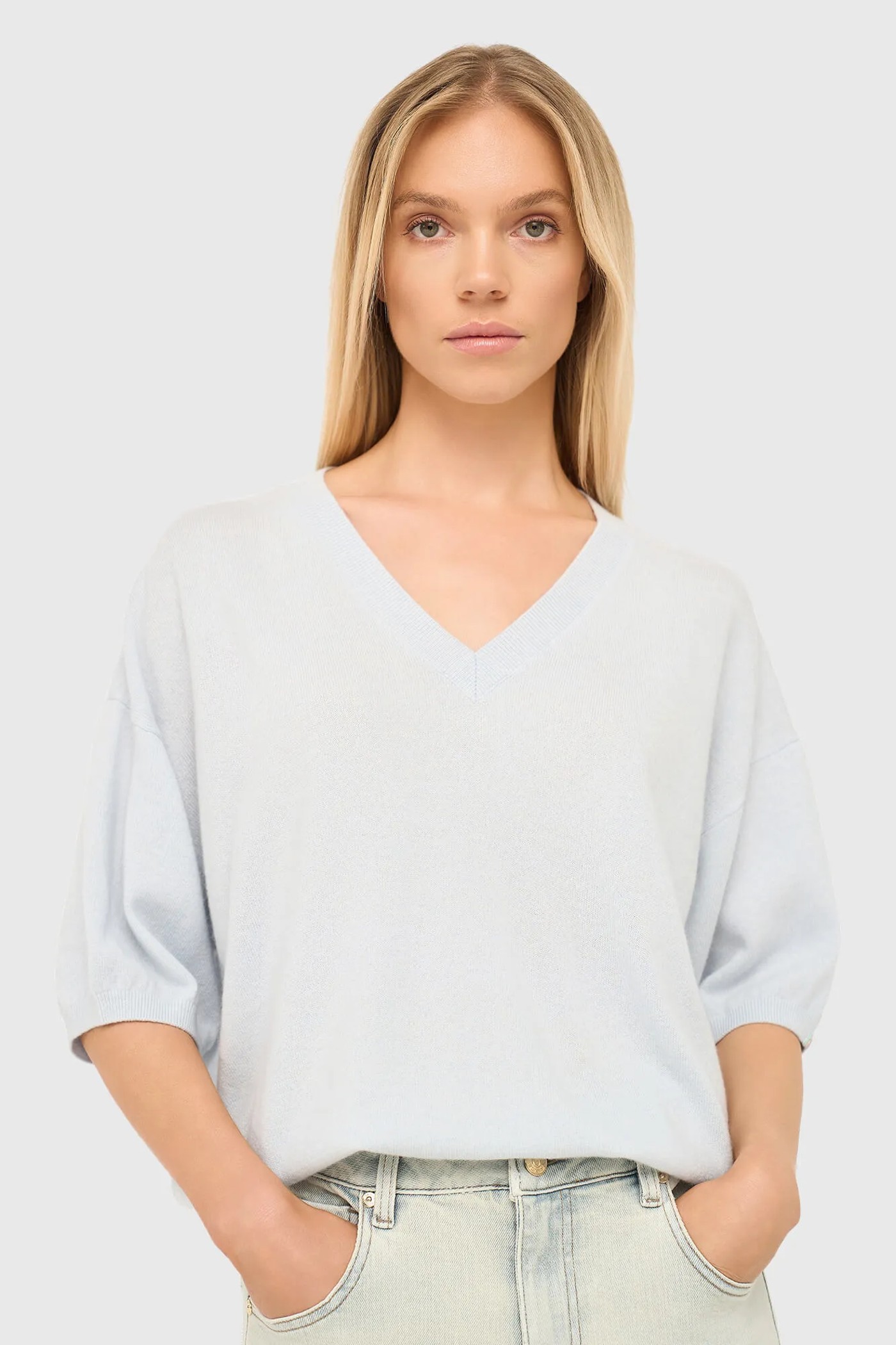 Cashmere Dames Trui V Hals Romeo Licht Blauw