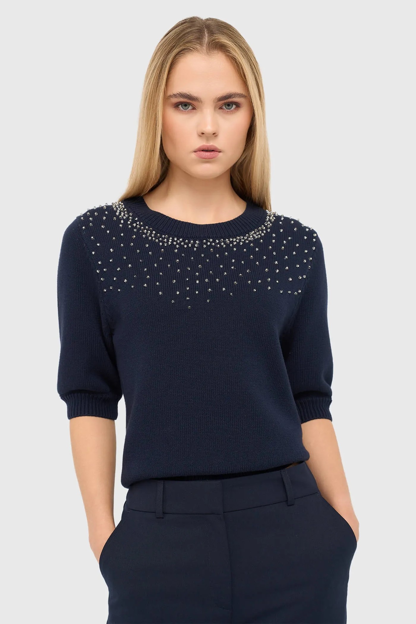 Blauw Katoenen Dames Truitje Met Steentjes Barret