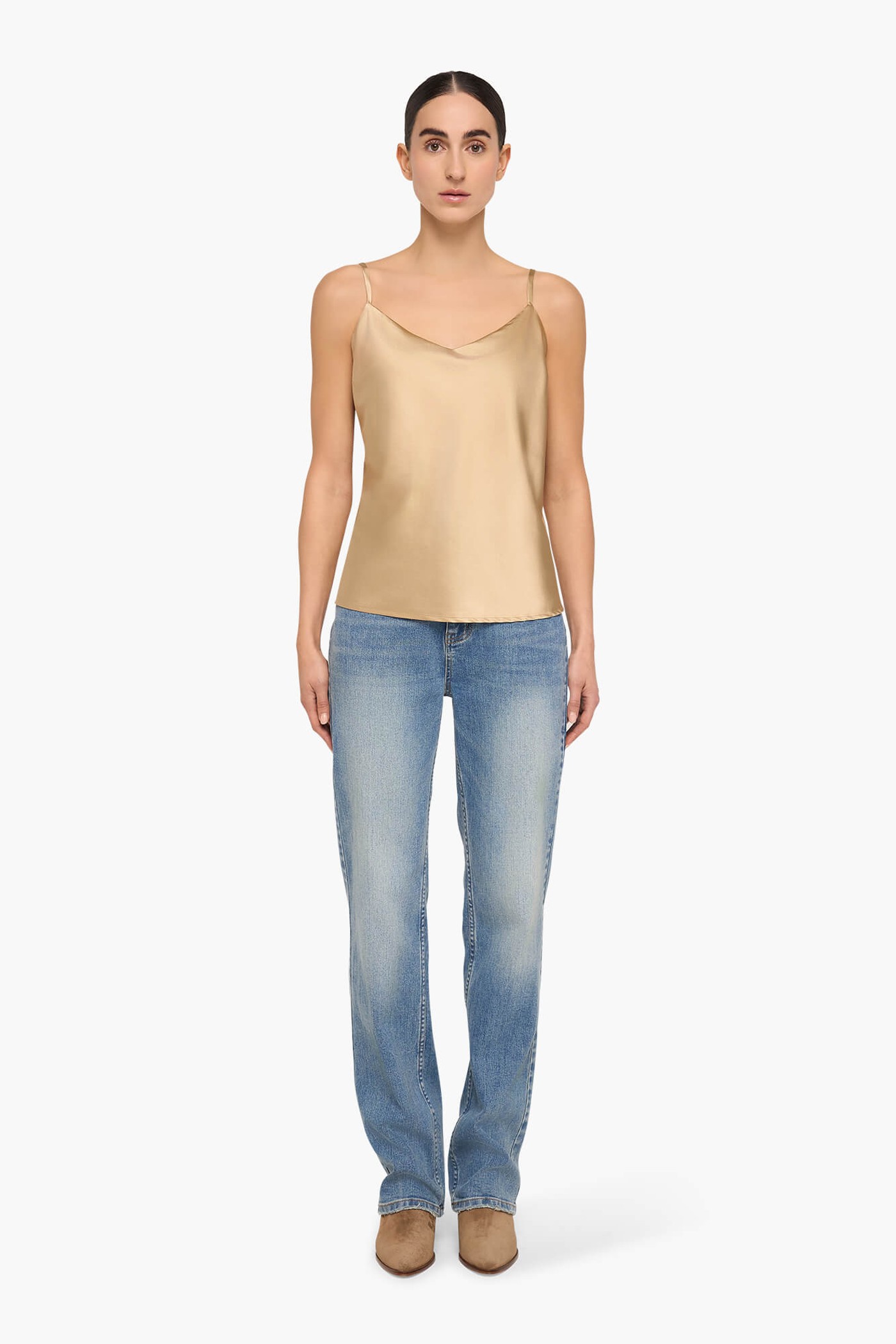 ZIJDEN TOP DAMES STRETCH RIVER GOUD