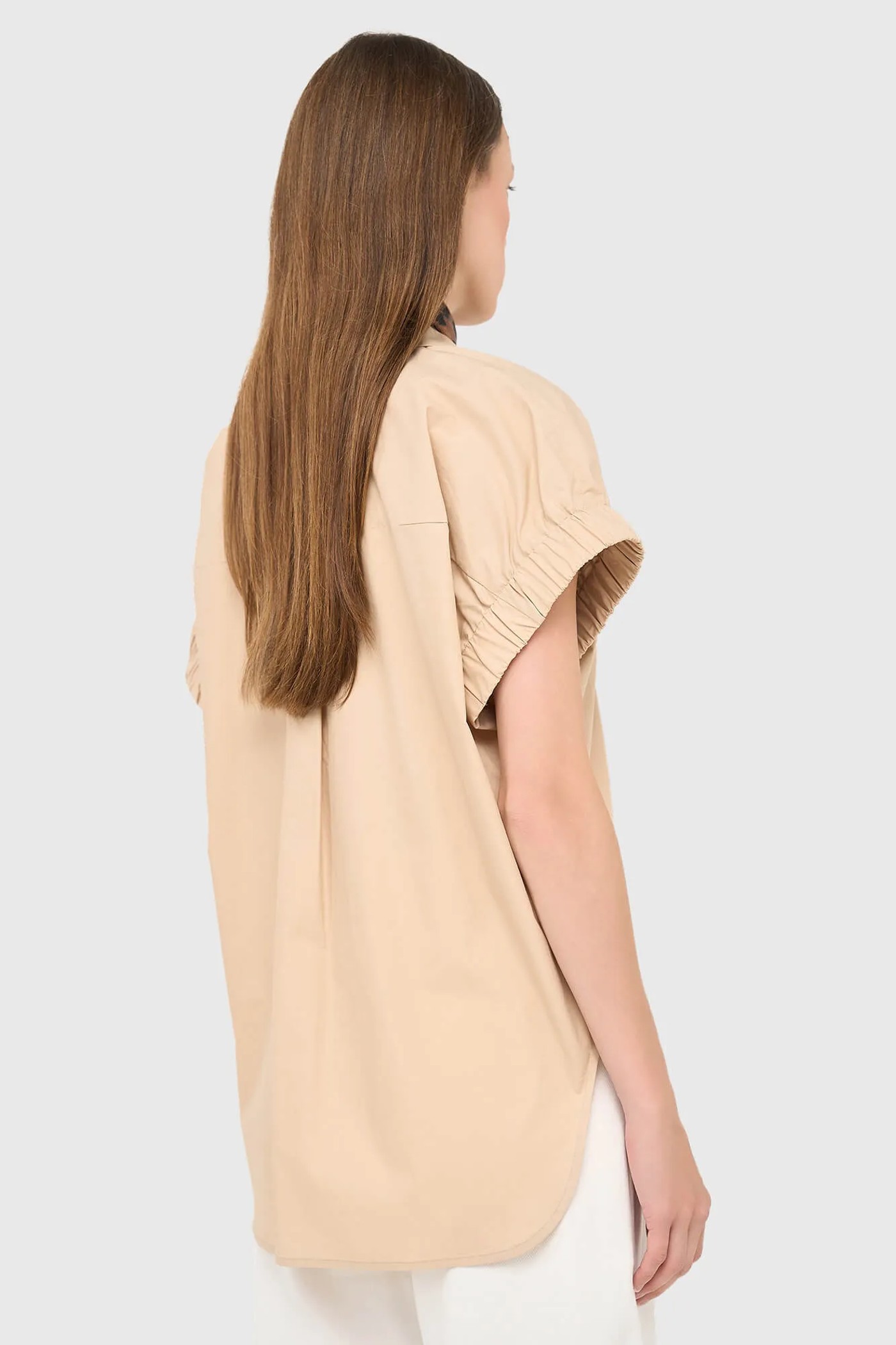 Beige Katoenen Dames Blouse Korte Mouw Yaro