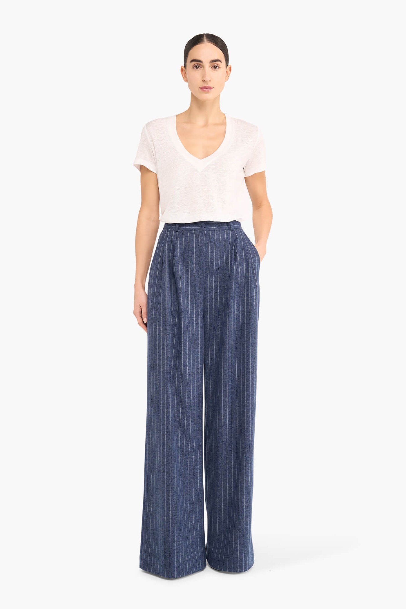 BROEK DAMES WIJDE PIJP STREEP DOLLAR BLAUW