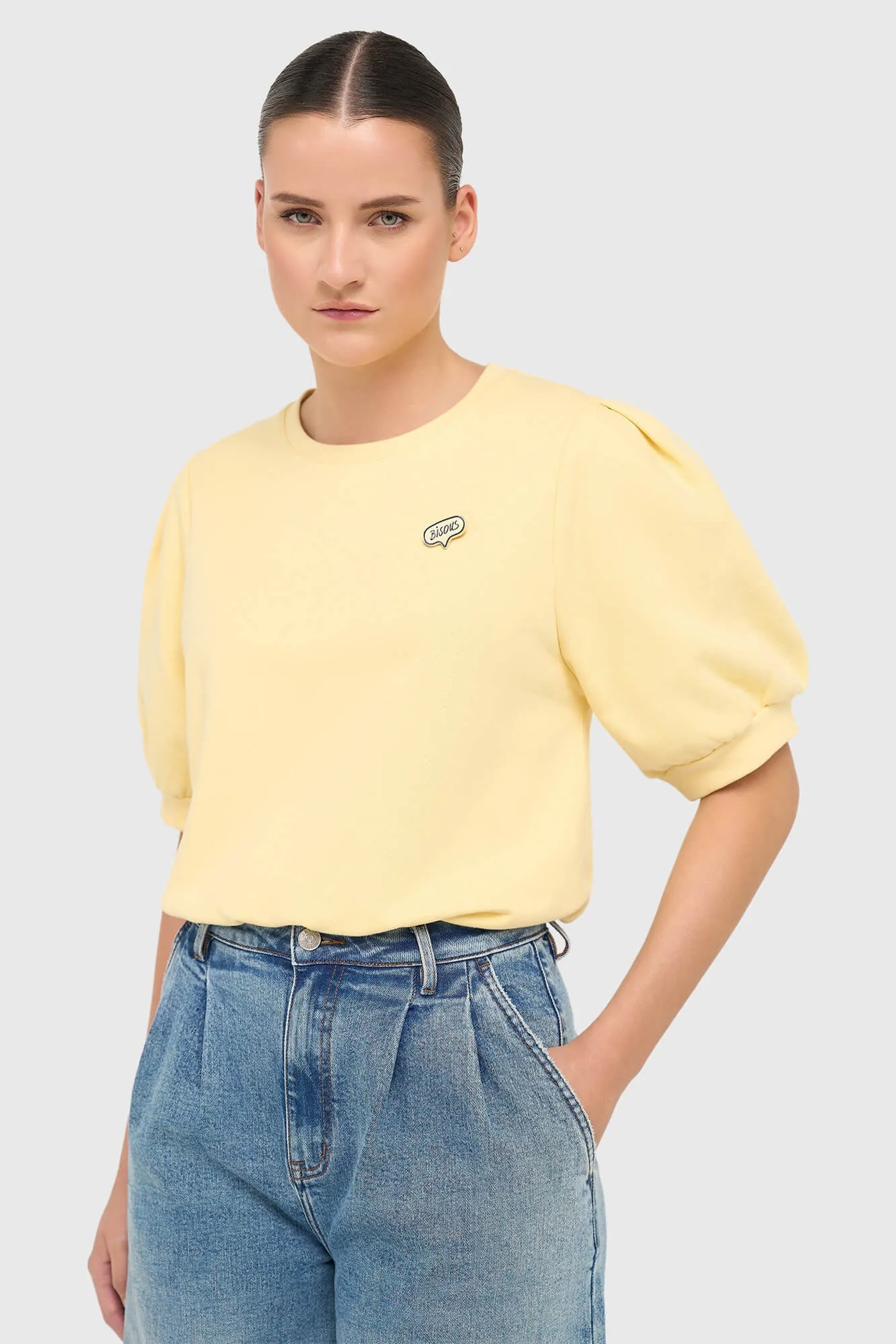 Gele Dames Sweater Pof Mouw Katoen Corey