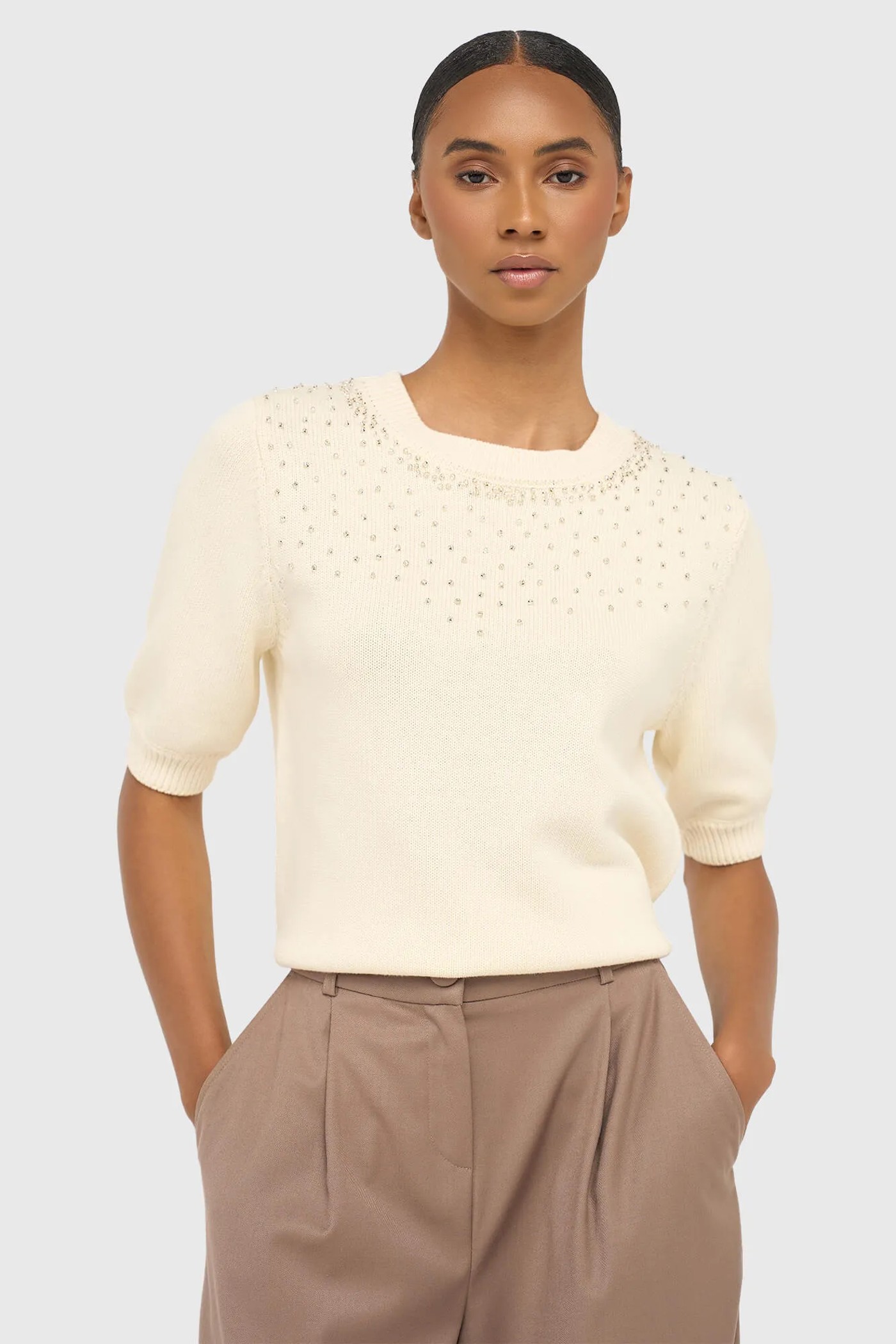 Off White Katoenen Dames Truitje Met Steentjes Barret