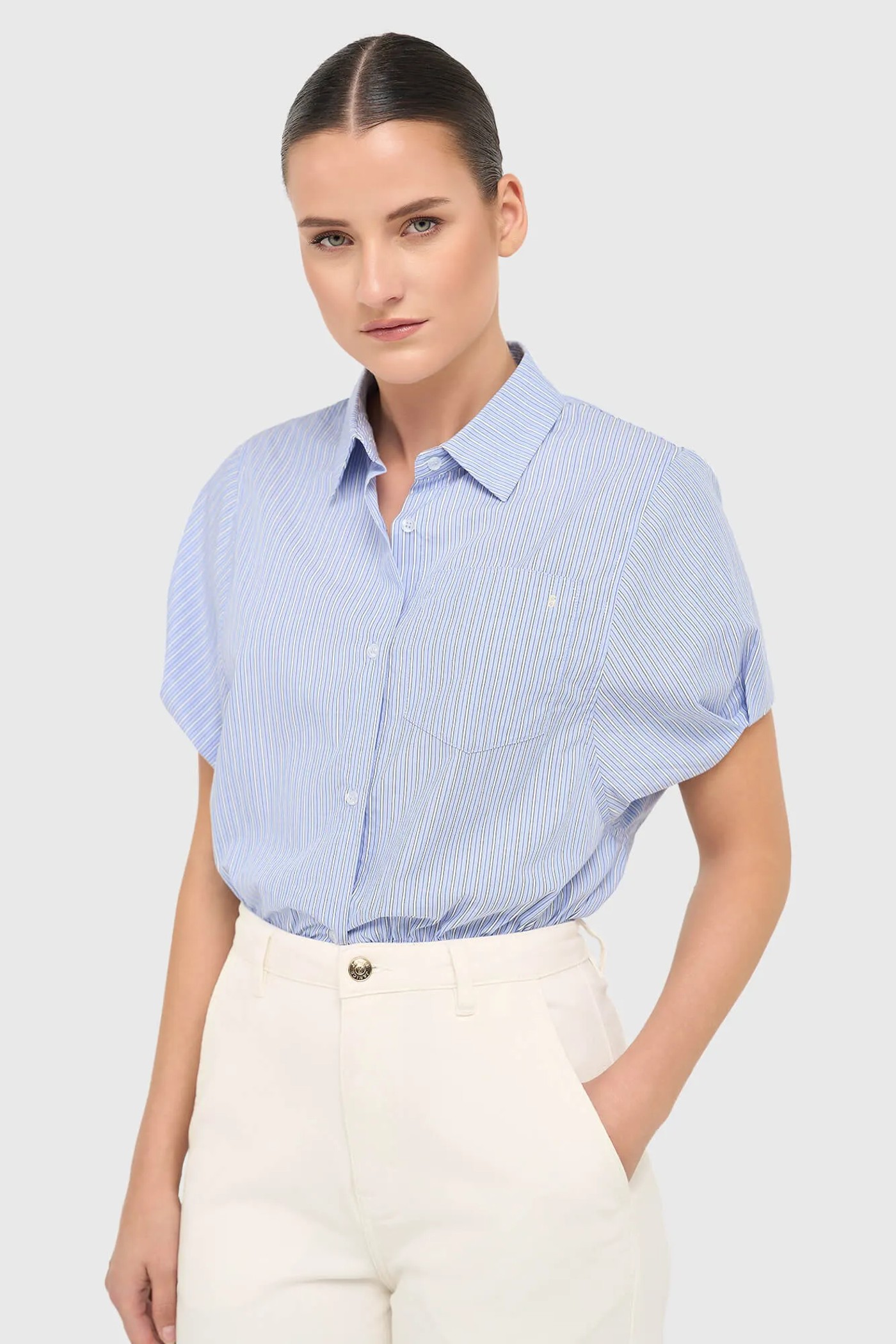 Katoenen Dames Blouse Korte Mouw Gestreept Cross Blauw