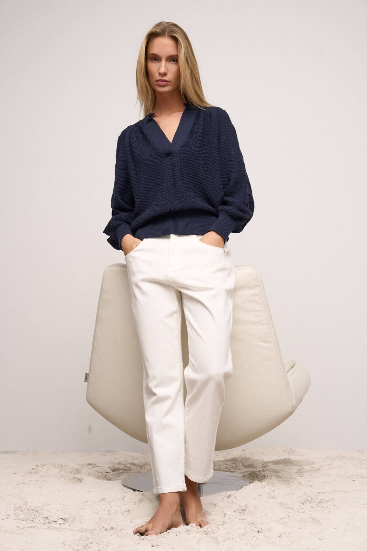 Katoenen Dames Trui Veters Mouwen Open Schouders Grove Blauw