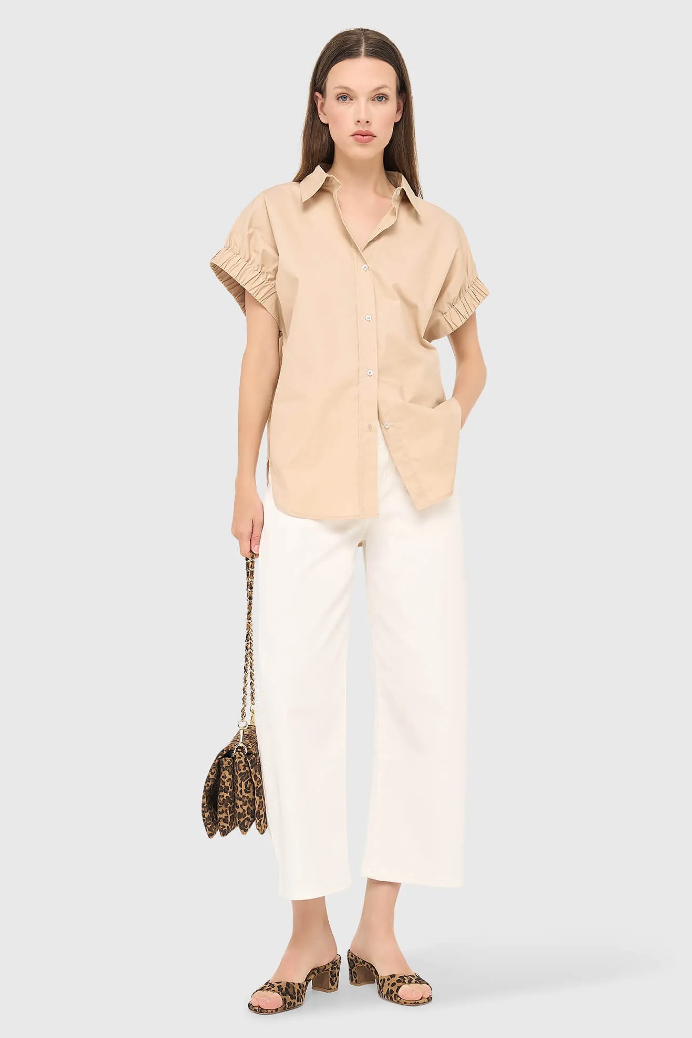 Beige Katoenen Dames Blouse Korte Mouw Yaro