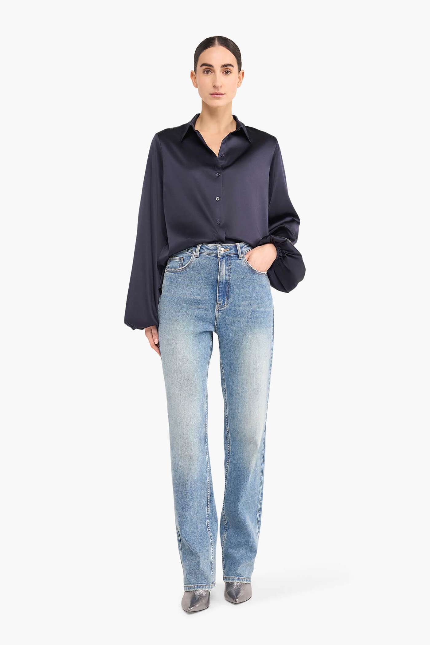 ZIJDEN BLOUSE DAMES STRETCH ABE DONKER BLAUW