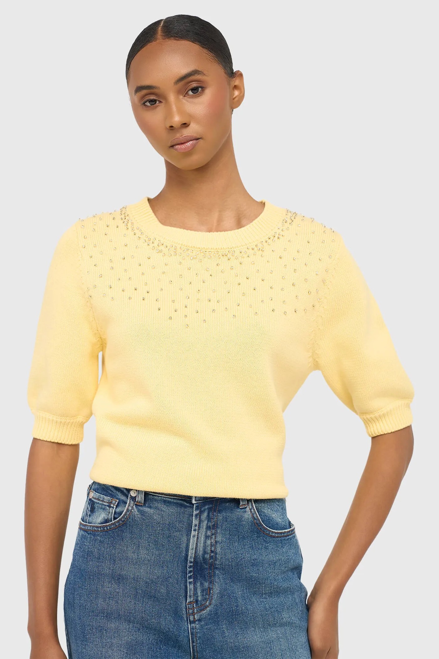 Geel Katoenen Dames Truitje Met Steentjes Barret