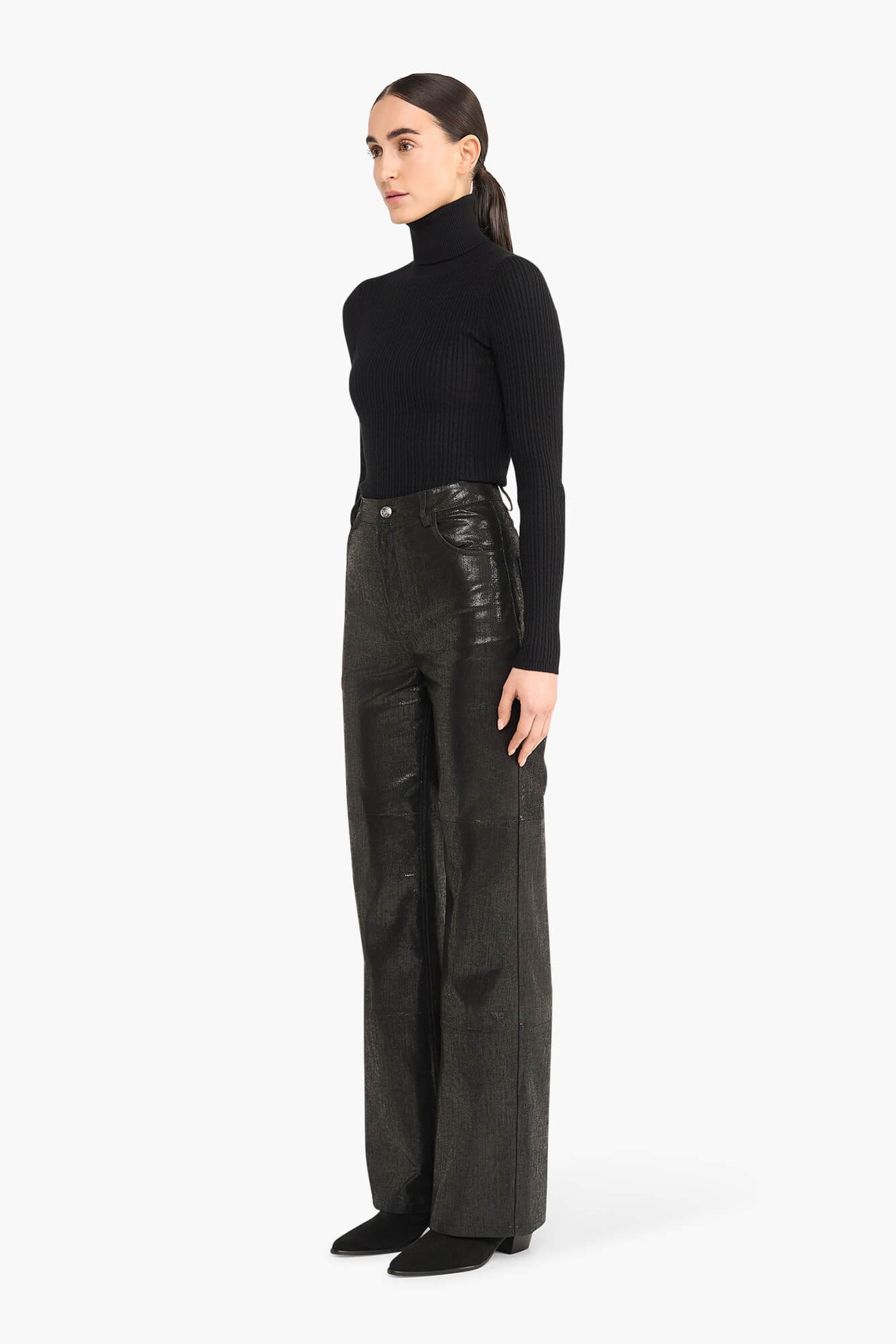 Leren Broek Dames Rechte Pijp Jason Metallic Zwart