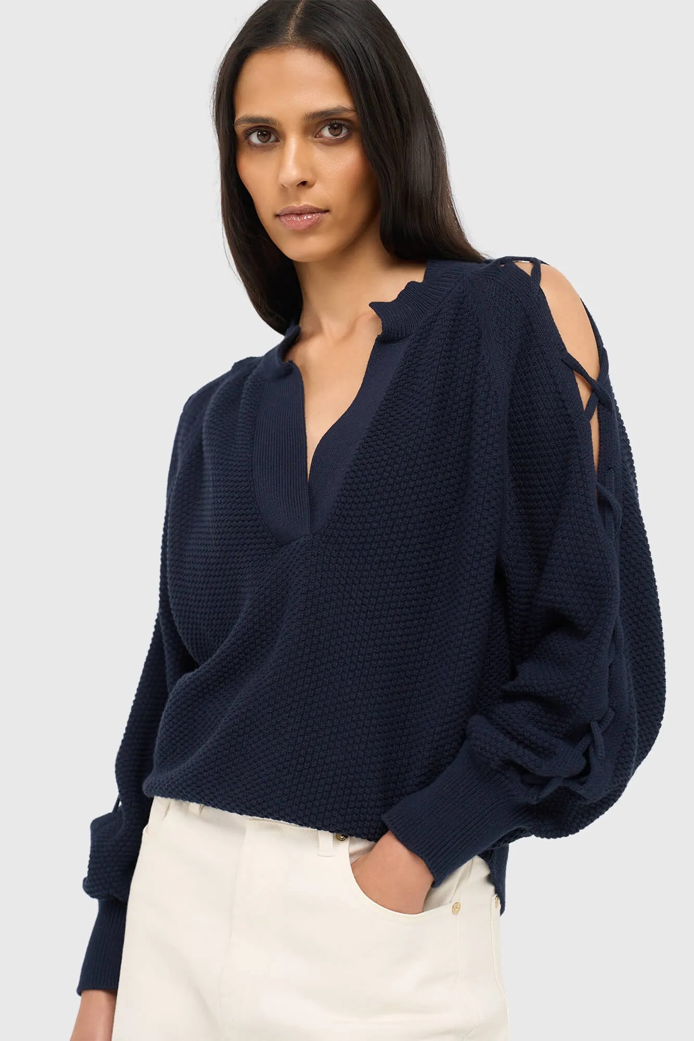 Katoenen Dames Trui Veters Mouwen Open Schouders Grove Blauw