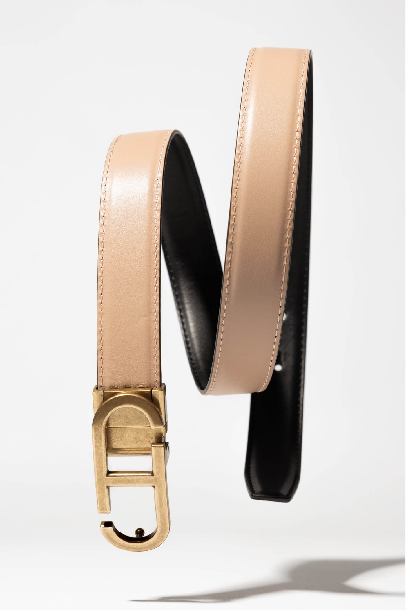Leren Dames Riem Reversible Zwart Taupe Brass Trophy Buckle