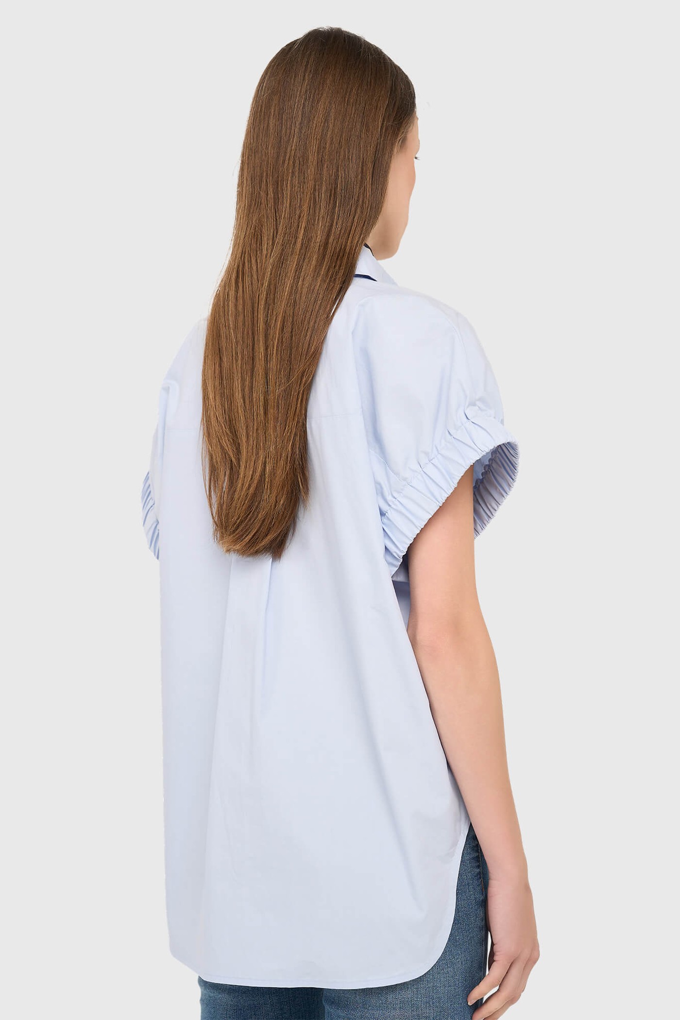 Blauwe Katoenen Dames Blouse Korte Mouw Yaro