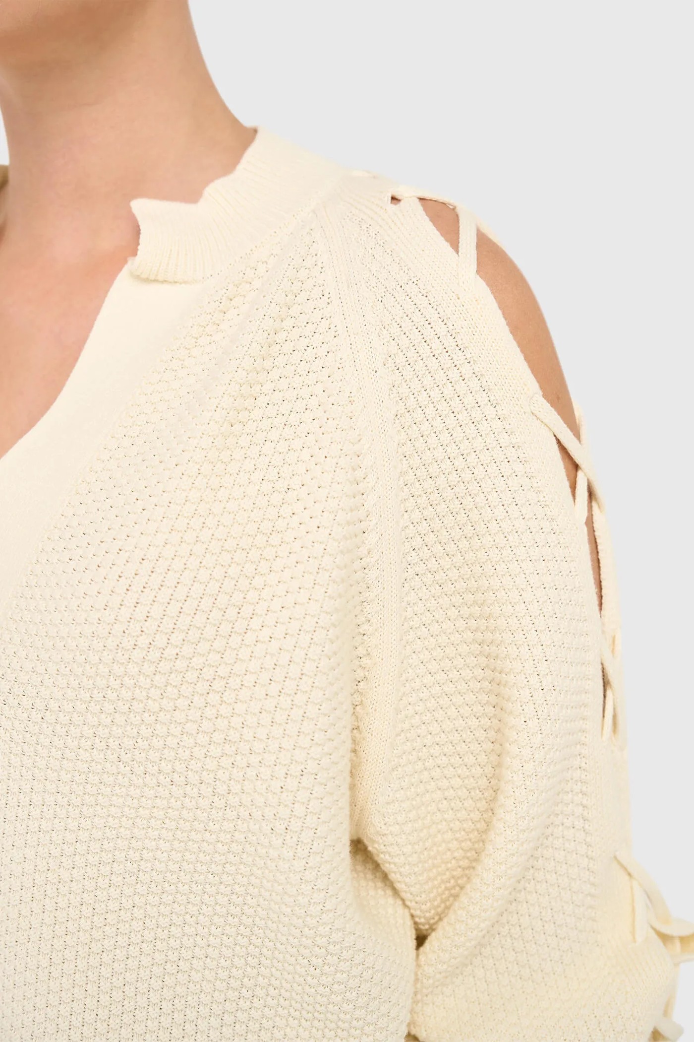 Katoenen Dames Trui Veters Mouwen Open Schouders Grove Off White