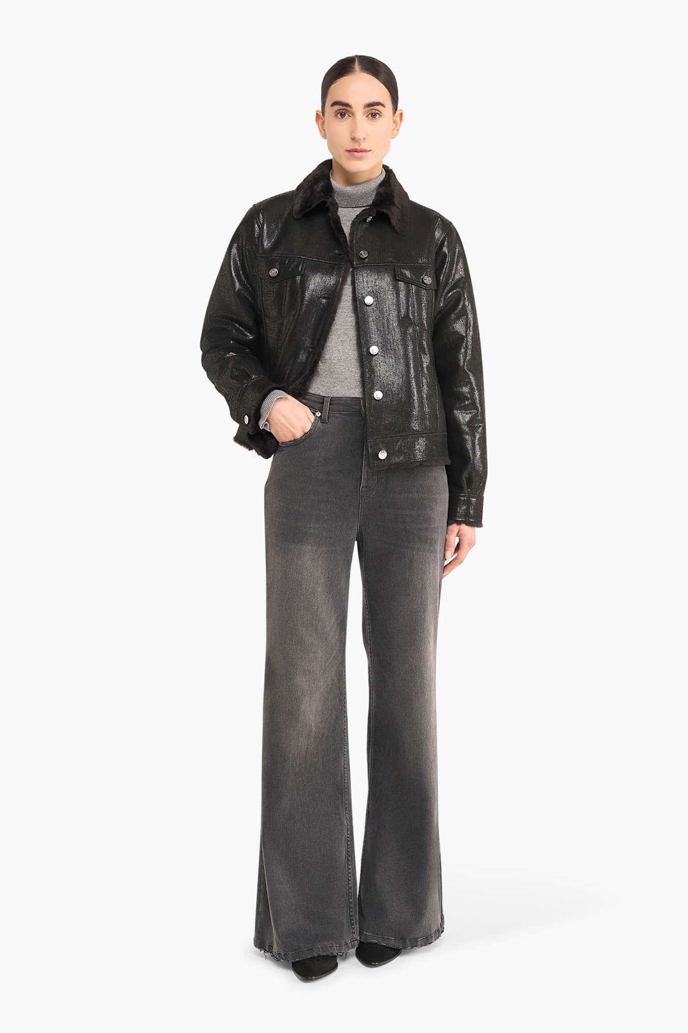 JAS DAMES KORT LEER GREGORY ZWART METALLIC