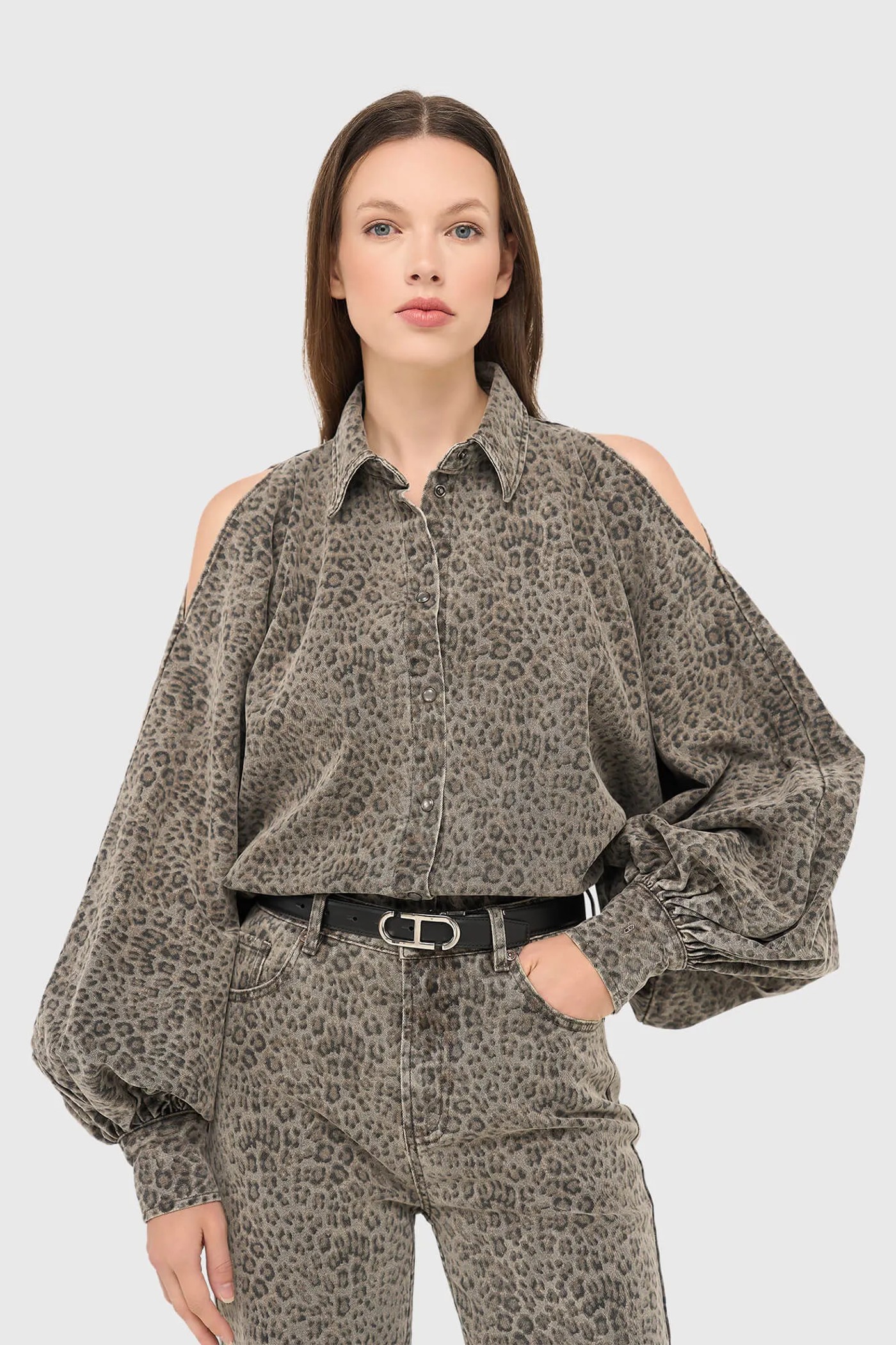 Panterprint Denim Blouse Dames Wijde Mouw Stone