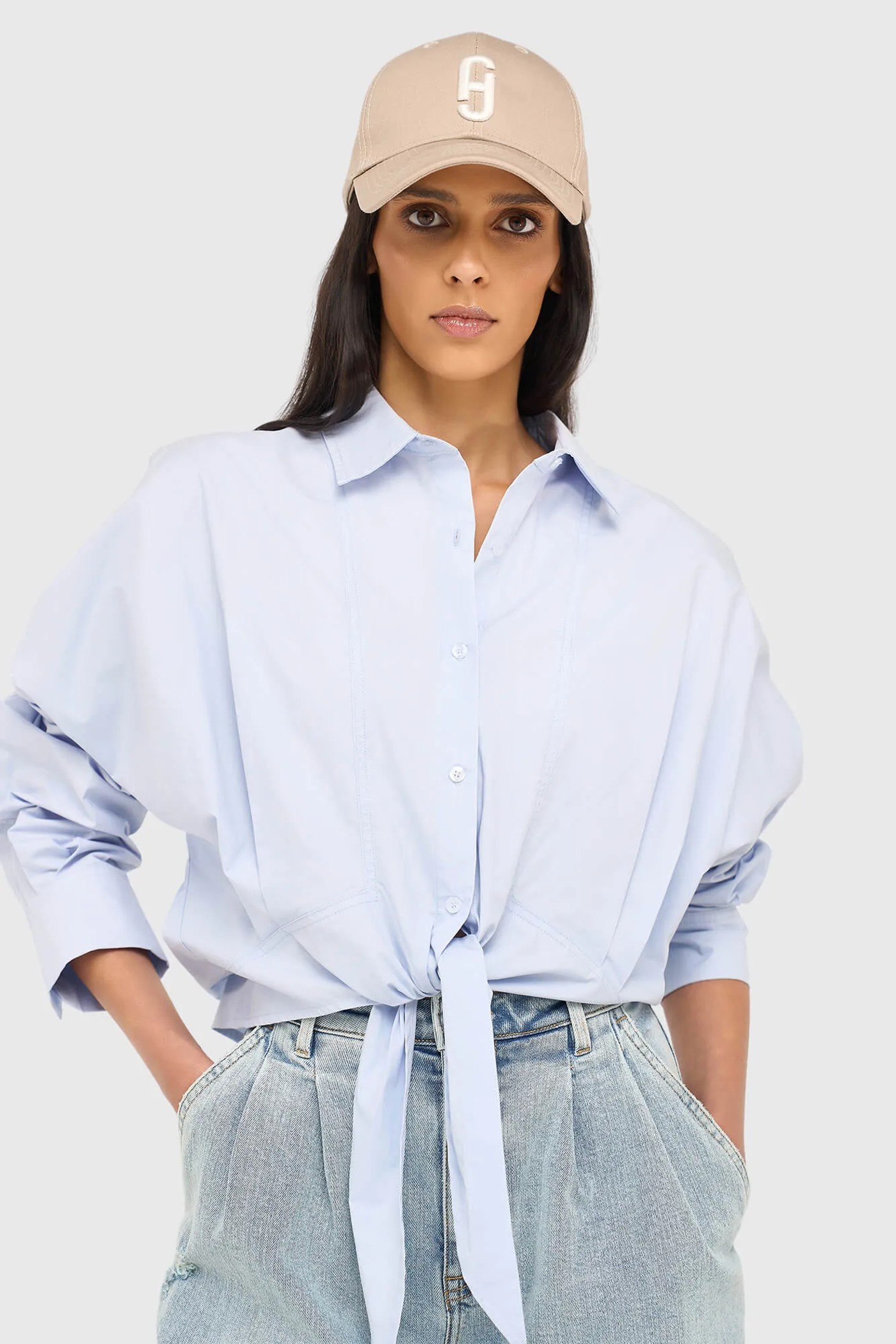 Blauwe Katoenen Strik Blouse Dames David