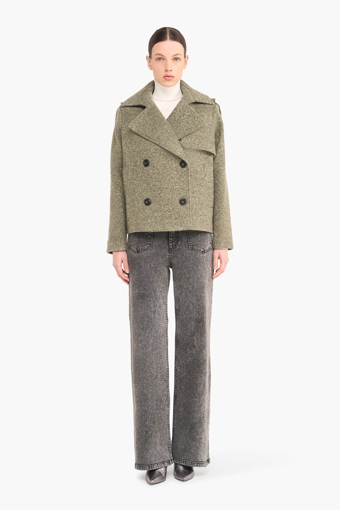 WOLLEN JAS DAMES KORT JEAN GROEN