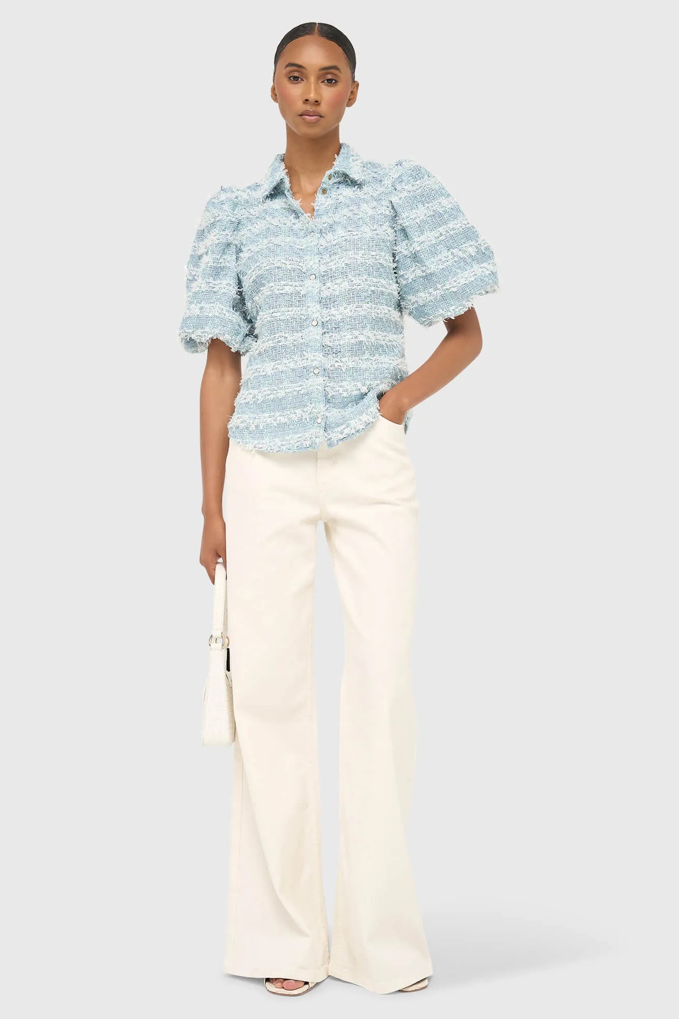 Blouse Dames Pof Mouw Tweed Lars Blauw